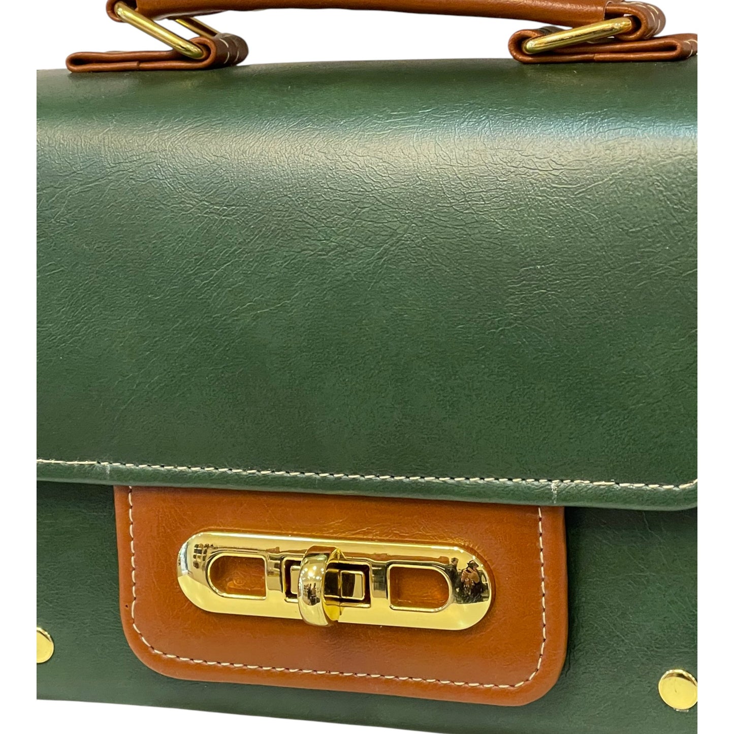 Handmade French Vegan Leather Handbag – Forest Green & Caramel Brown with Gold Lock (21×14×9 cm)