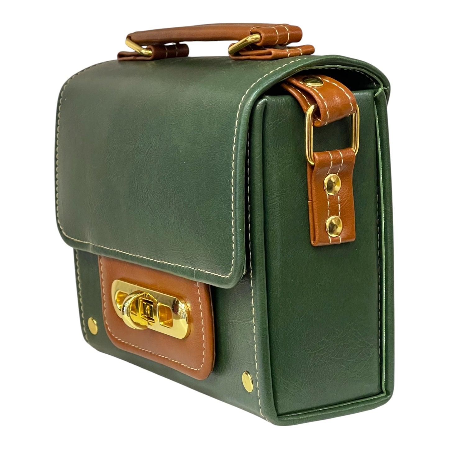 Handmade French Vegan Leather Handbag – Forest Green & Caramel Brown with Gold Lock (21×14×9 cm)