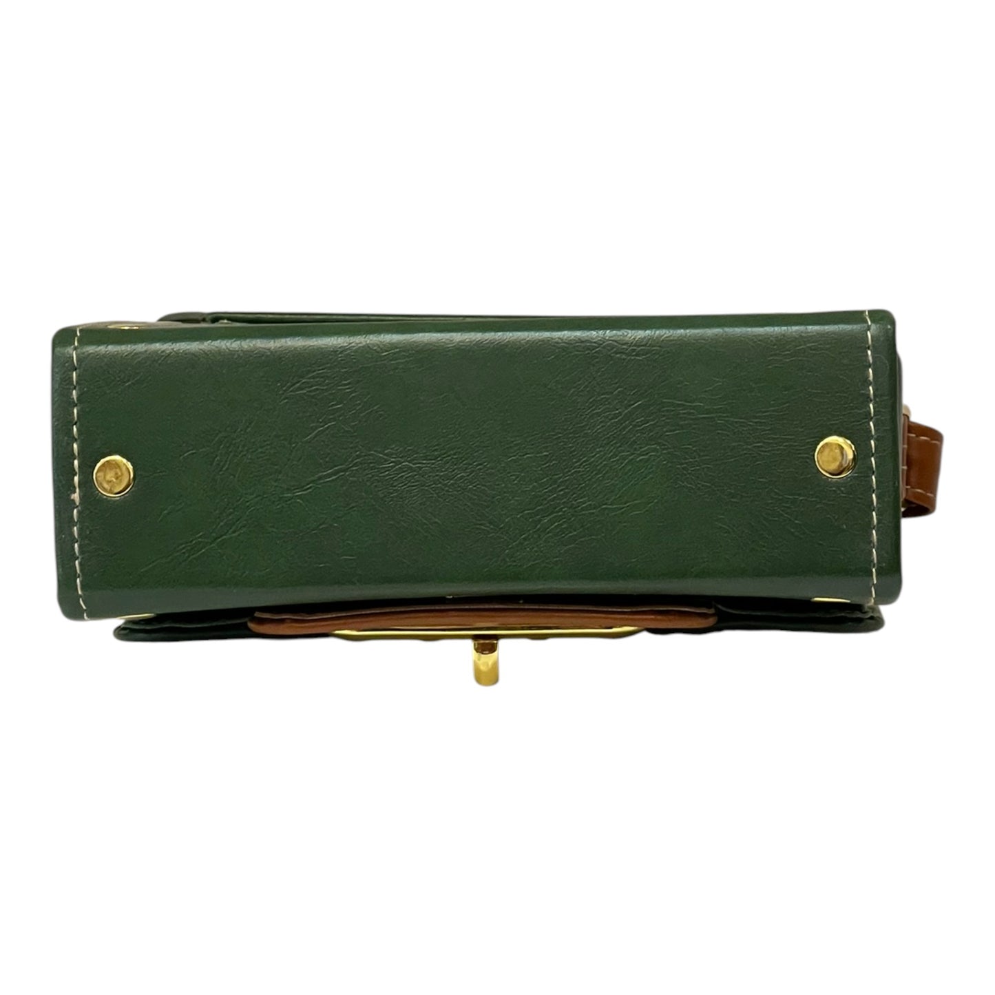 Handmade French Vegan Leather Handbag – Forest Green & Caramel Brown with Gold Lock (21×14×9 cm)