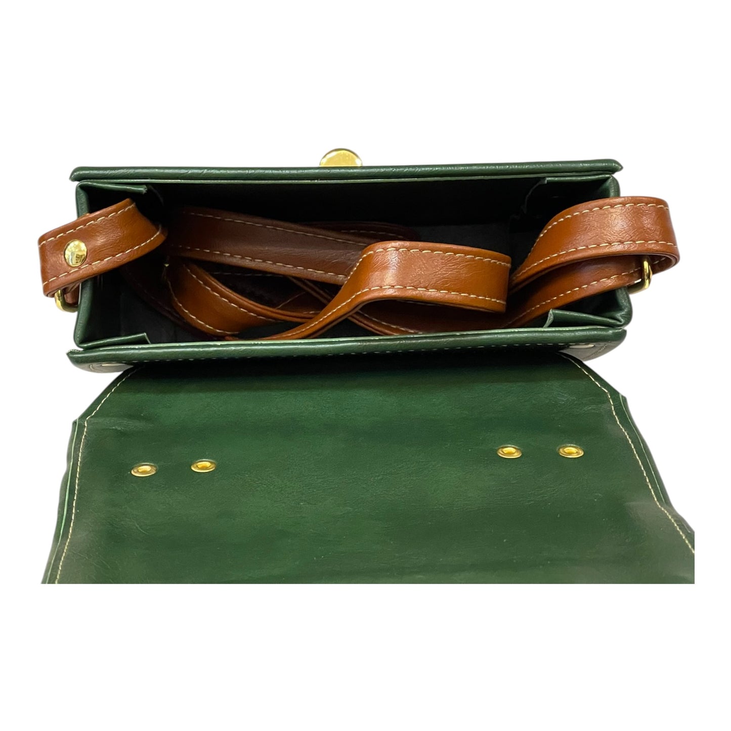 Handmade French Vegan Leather Handbag – Forest Green & Caramel Brown with Gold Lock (21×14×9 cm)