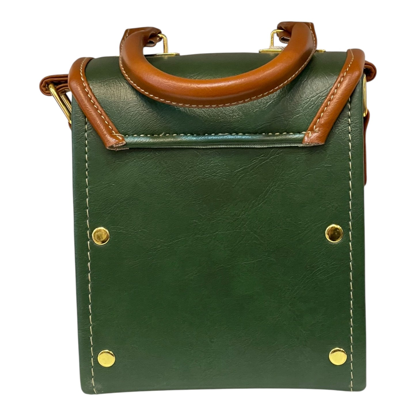 Handmade Vegan Leather Mini Satchel – Forest Green & Tan | Compact Crossbody Bag 16x14x8 cm