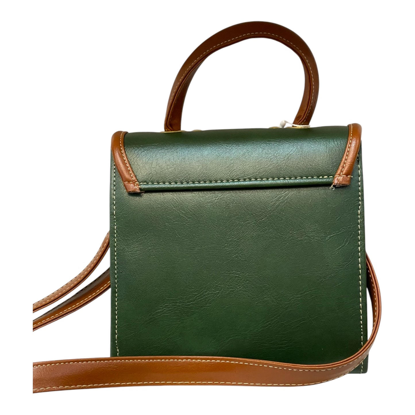 Handmade French Vegan Leather Handbag – Green, Cream & Brown Tricolor Design (16×16×9 cm)