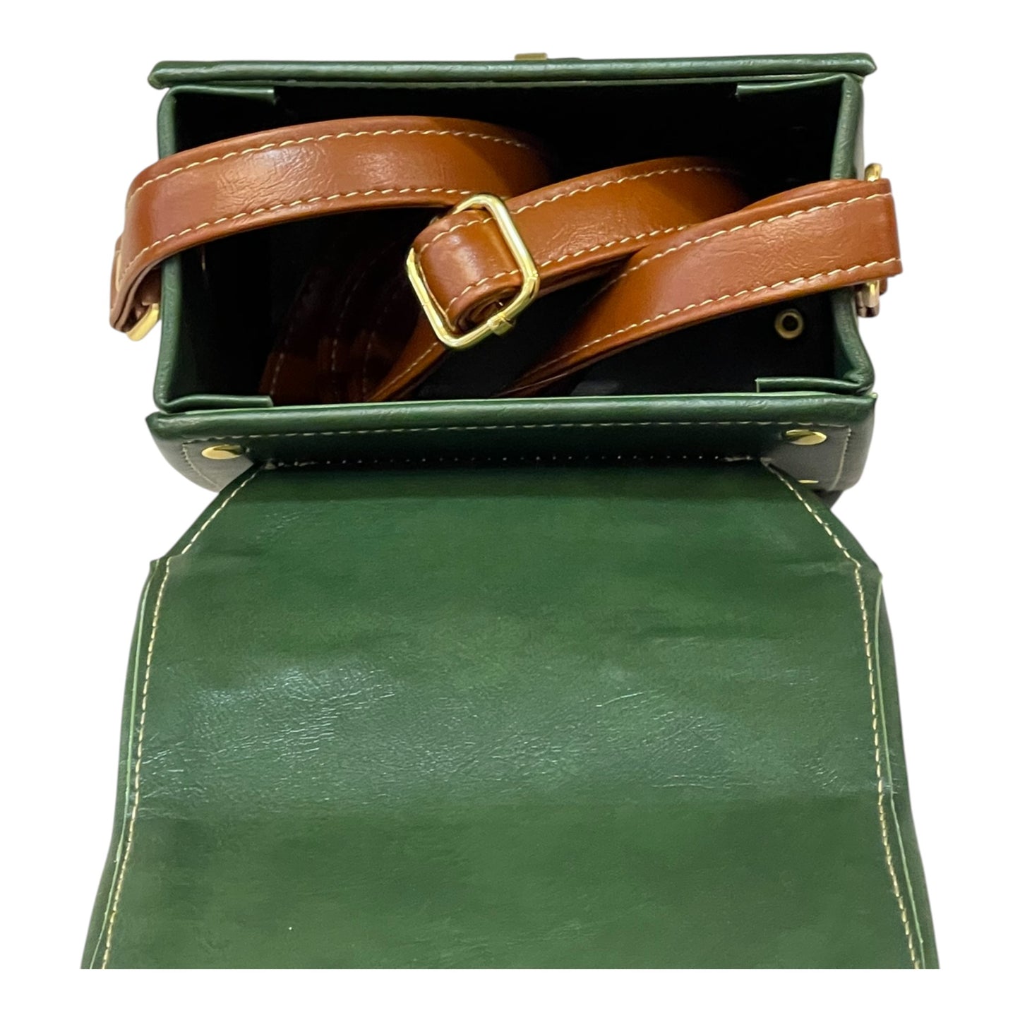 Handmade Vegan Leather Mini Satchel – Forest Green & Tan with Black Clasp | Structured Crossbody Bag 16x14x8 cm