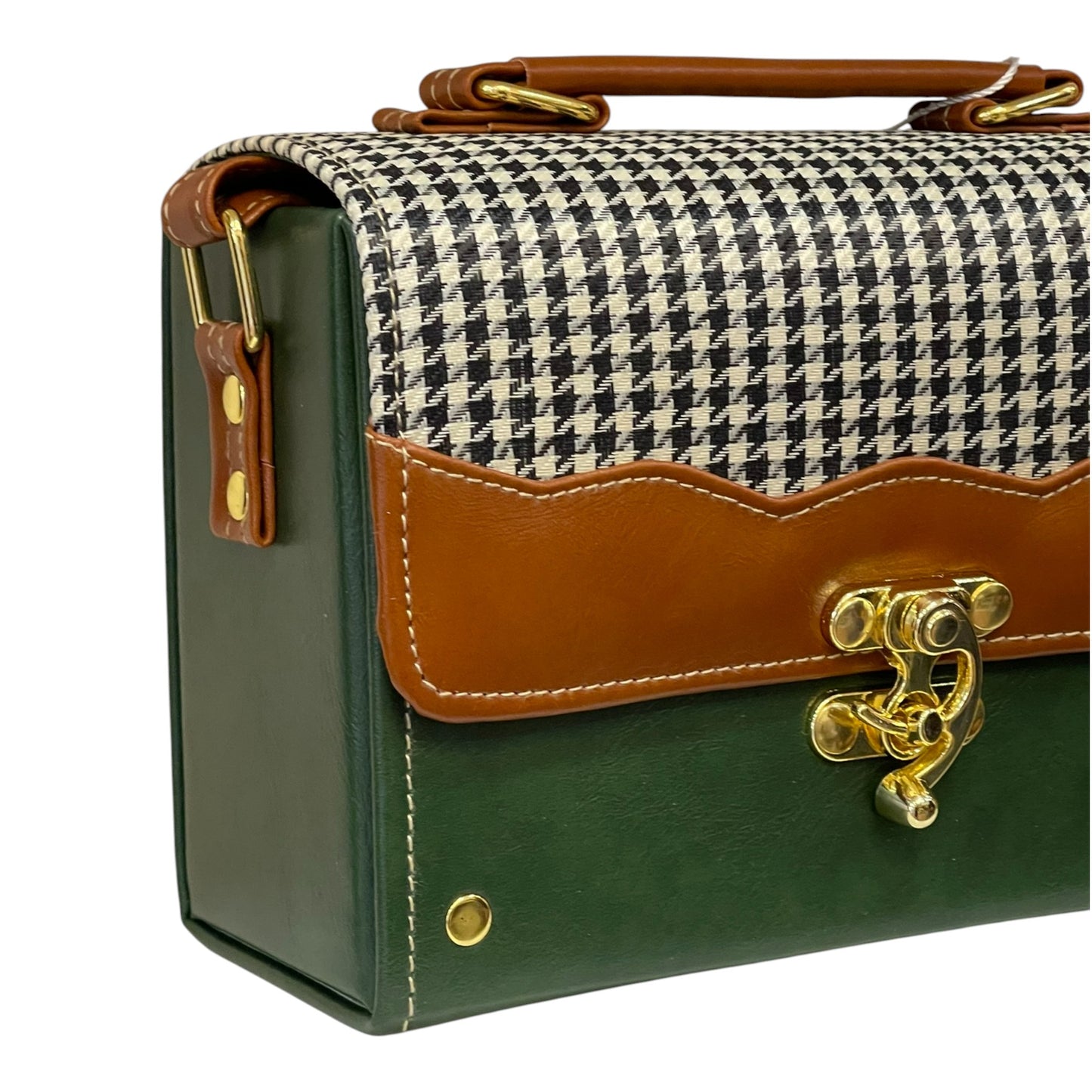 Handmade Vegan Leather Satchel – Houndstooth, Forest Green & Tan | Classic Crossbody Bag 21x14x9 cm