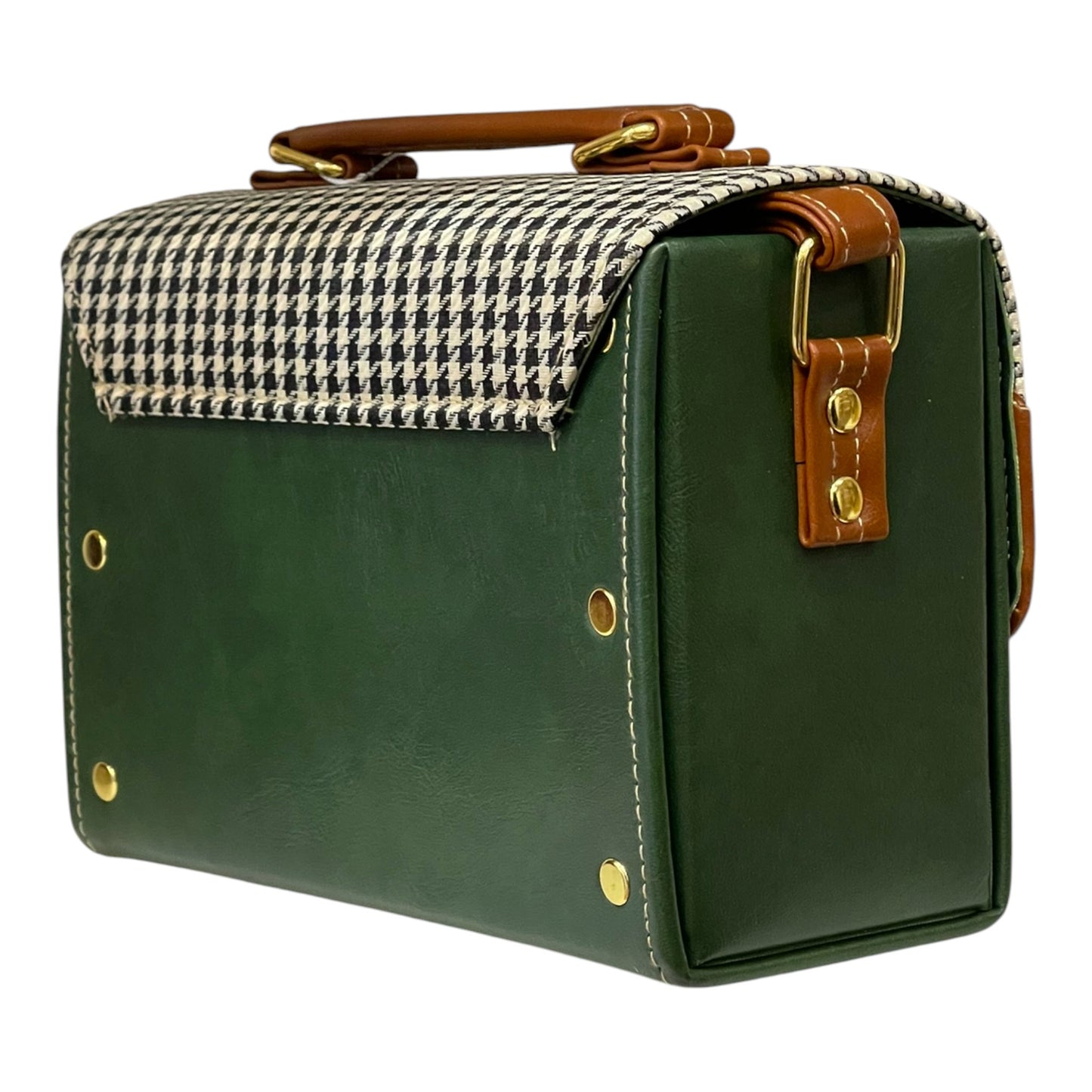 Handmade Vegan Leather Satchel – Houndstooth, Forest Green & Tan | Classic Crossbody Bag 21x14x9 cm