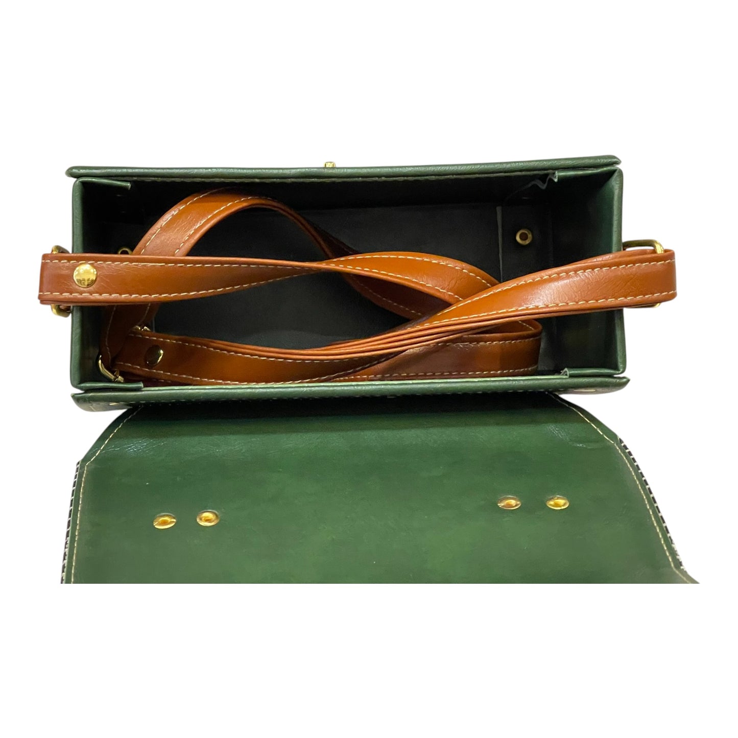 Handmade Vegan Leather Satchel – Houndstooth, Forest Green & Tan | Classic Crossbody Bag 21x14x9 cm