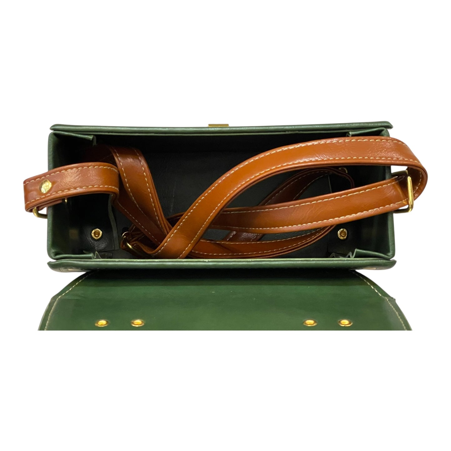 Handmade Vegan Leather Box Bag – Forest Green & Caramel with Gold Hardware (21x14x9 cm)