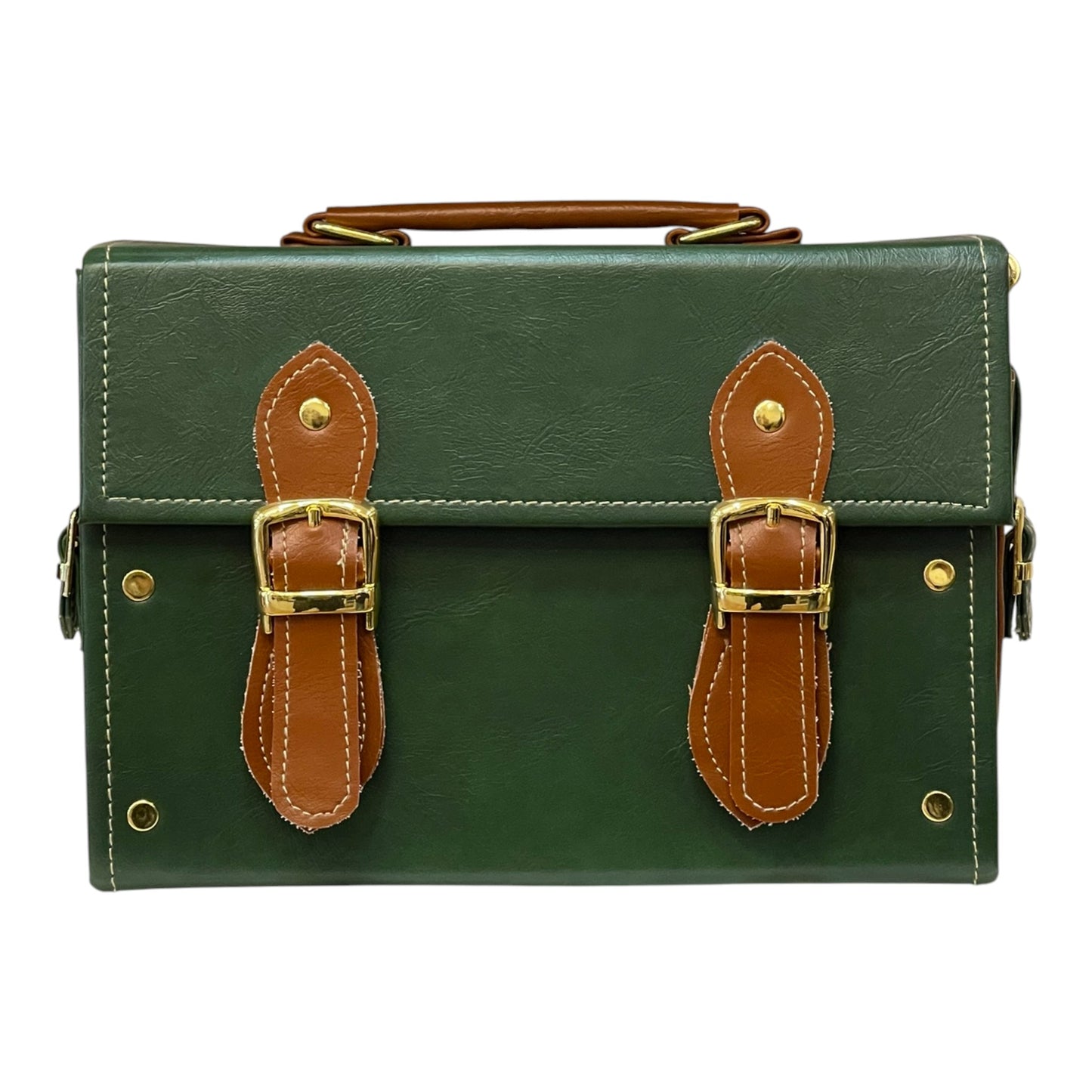 Handmade French Vegan Leather Handbag – Forest Green & Caramel Brown Satchel (25×18×11 cm)