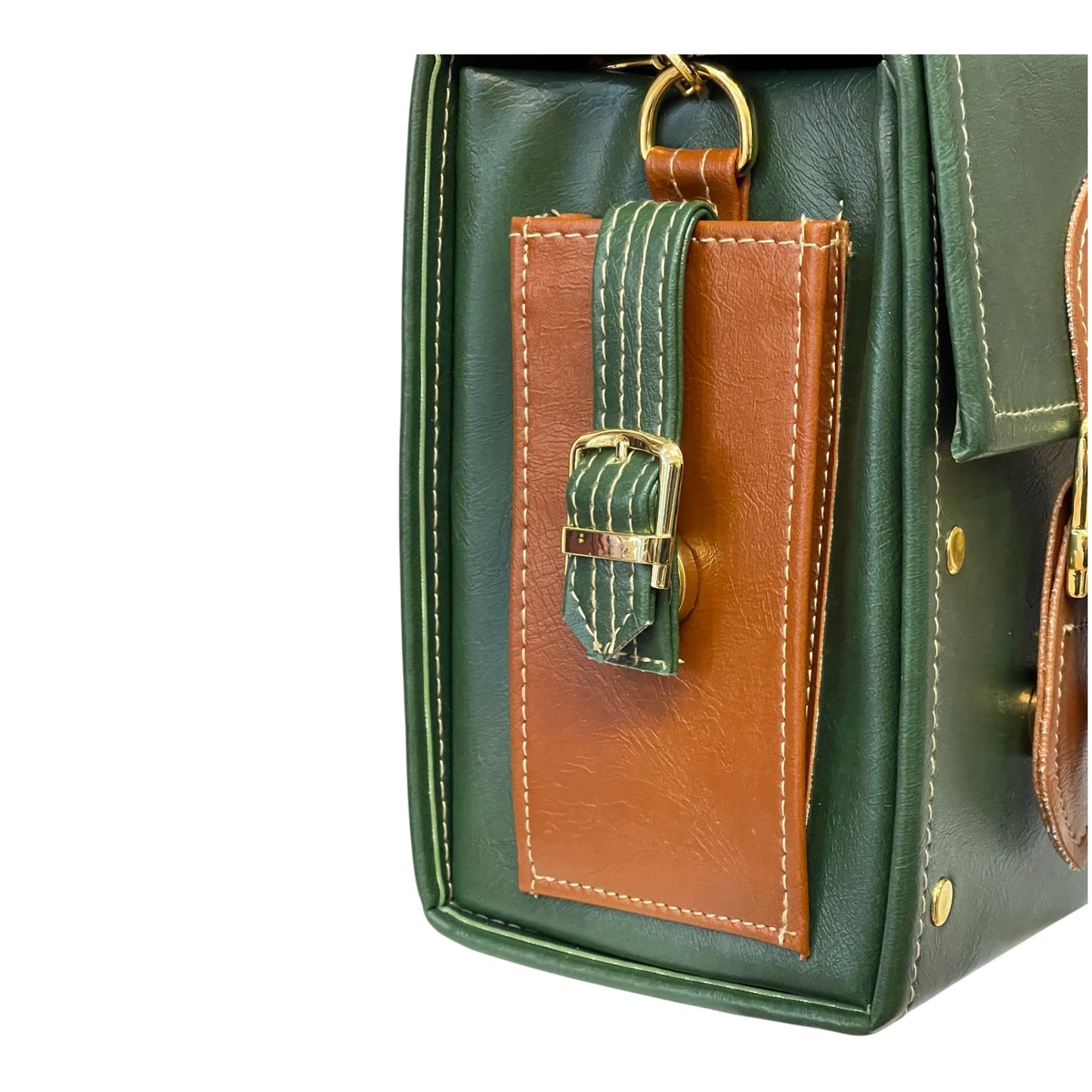 Handmade French Vegan Leather Handbag – Forest Green & Caramel Brown Satchel (25×18×11 cm)