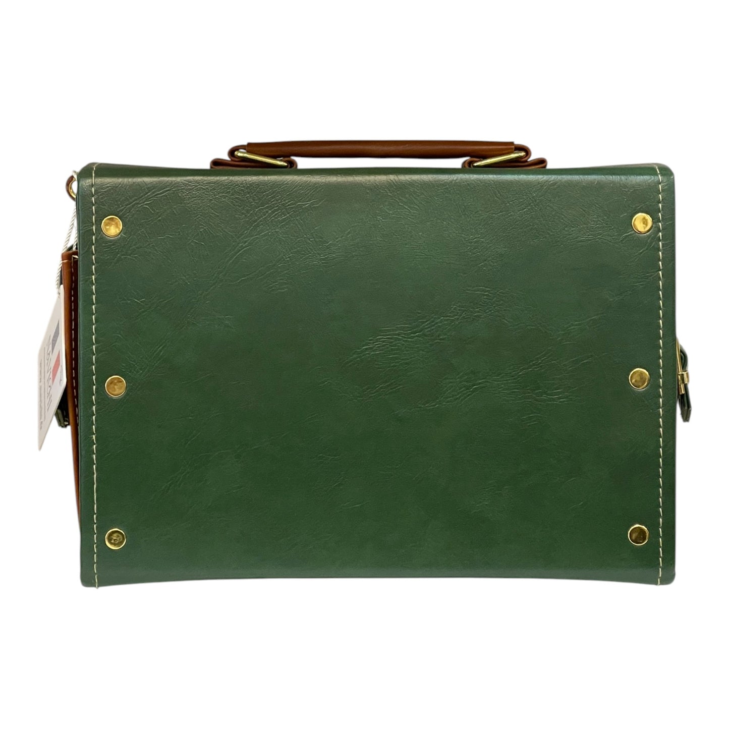 Handmade French Vegan Leather Handbag – Forest Green & Caramel Brown Satchel (25×18×11 cm)