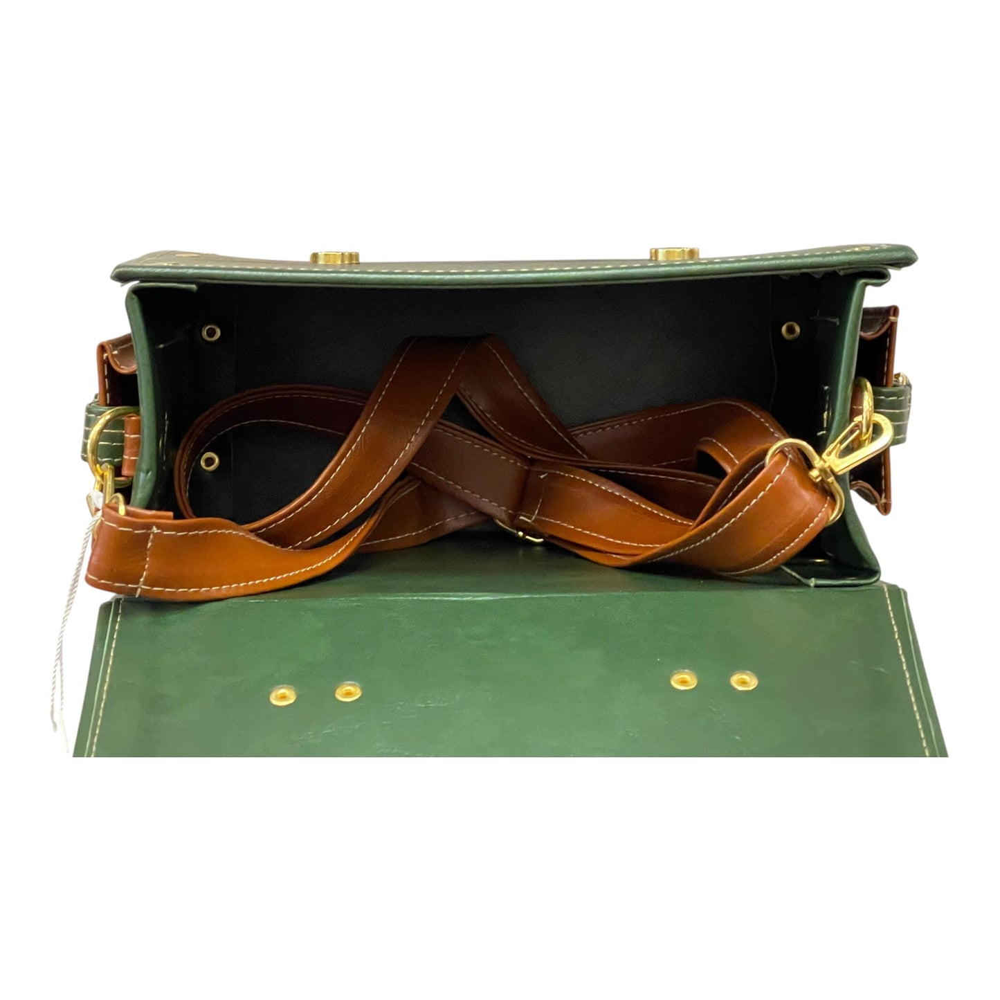 Handmade French Vegan Leather Handbag – Forest Green & Caramel Brown Satchel (25×18×11 cm)