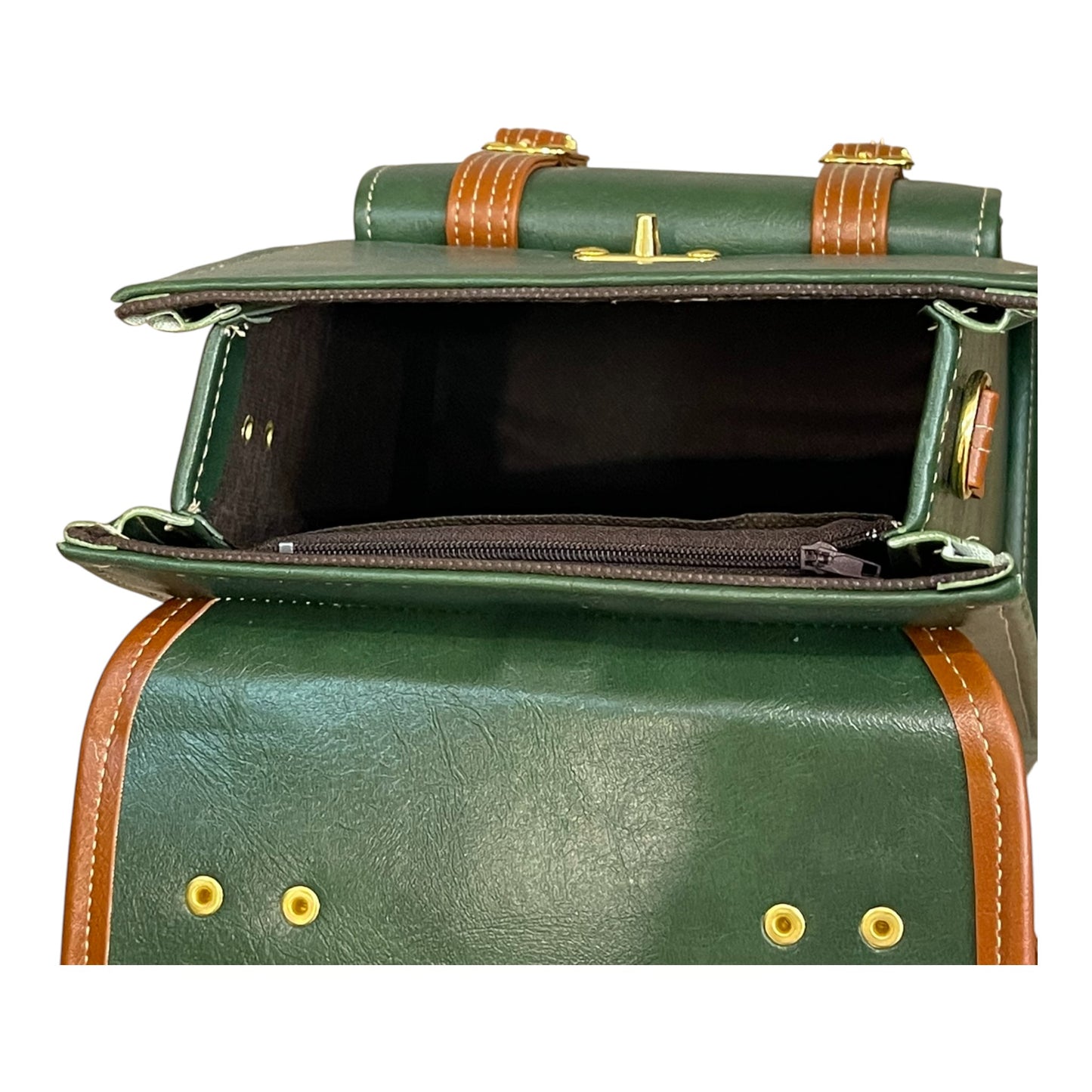 Handmade French Vegan Leather Backpack – Forest Green & Caramel Brown with Gold Hardware (27×21×13 cm)