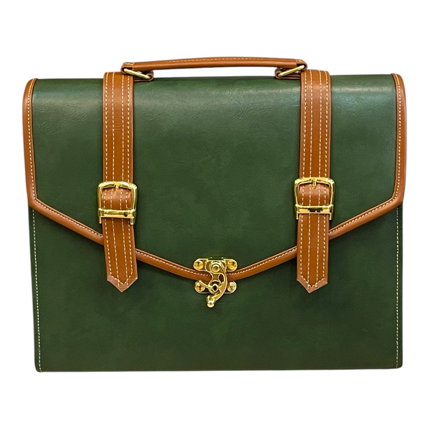 Handmade French Vegan Leather Handbag – Forest Green with Tan Straps & Gold Lock (23×17×10 cm)