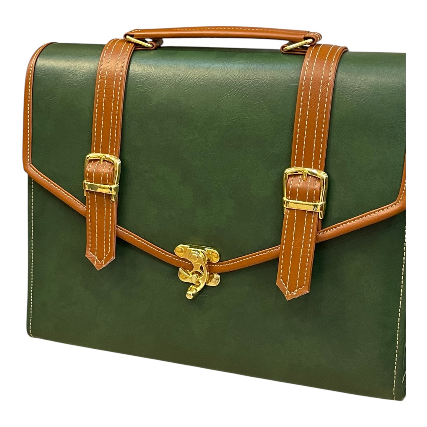 Handmade French Vegan Leather Handbag – Forest Green with Tan Straps & Gold Lock (23×17×10 cm)