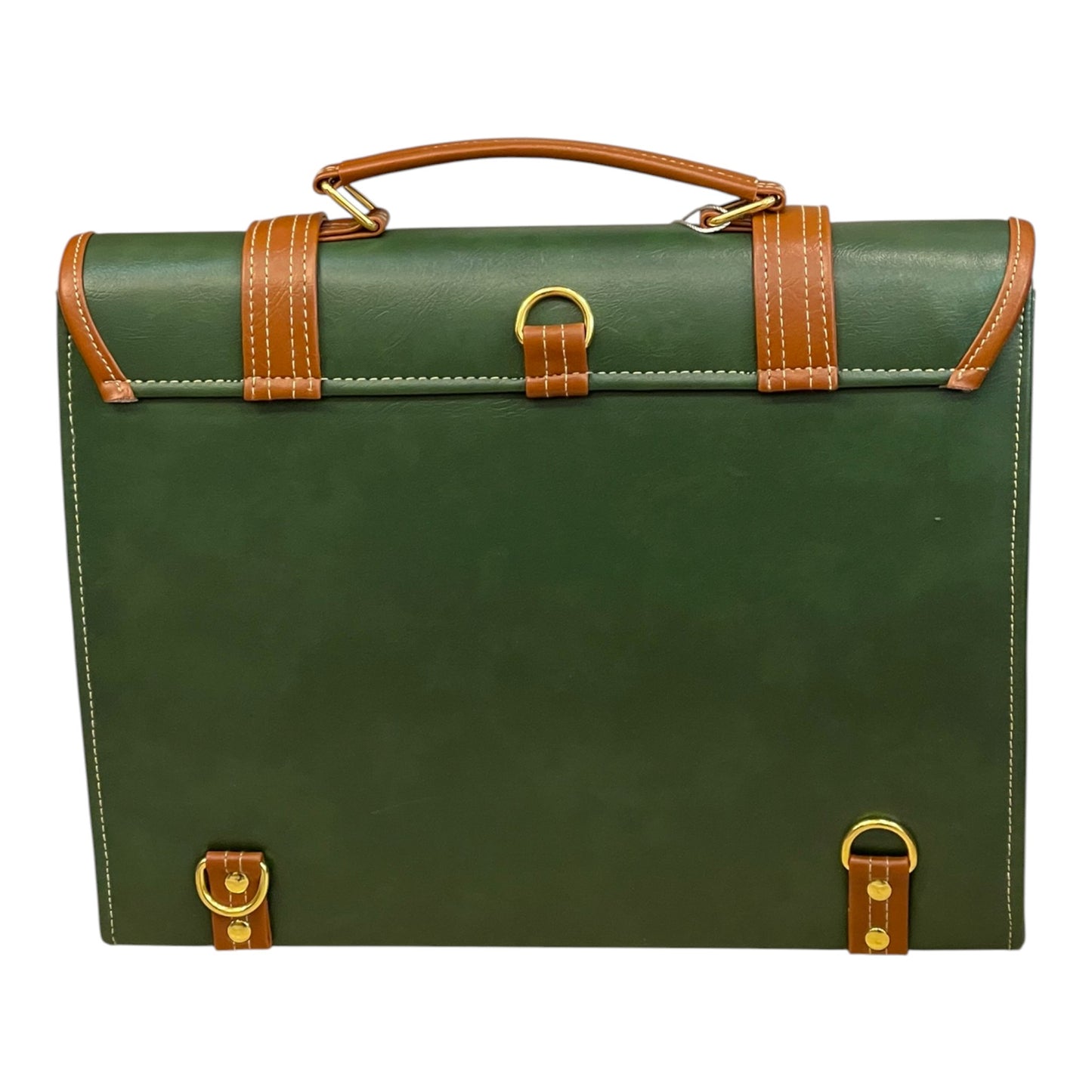Handmade French Vegan Leather Handbag – Forest Green with Tan Straps & Gold Lock (23×17×10 cm)