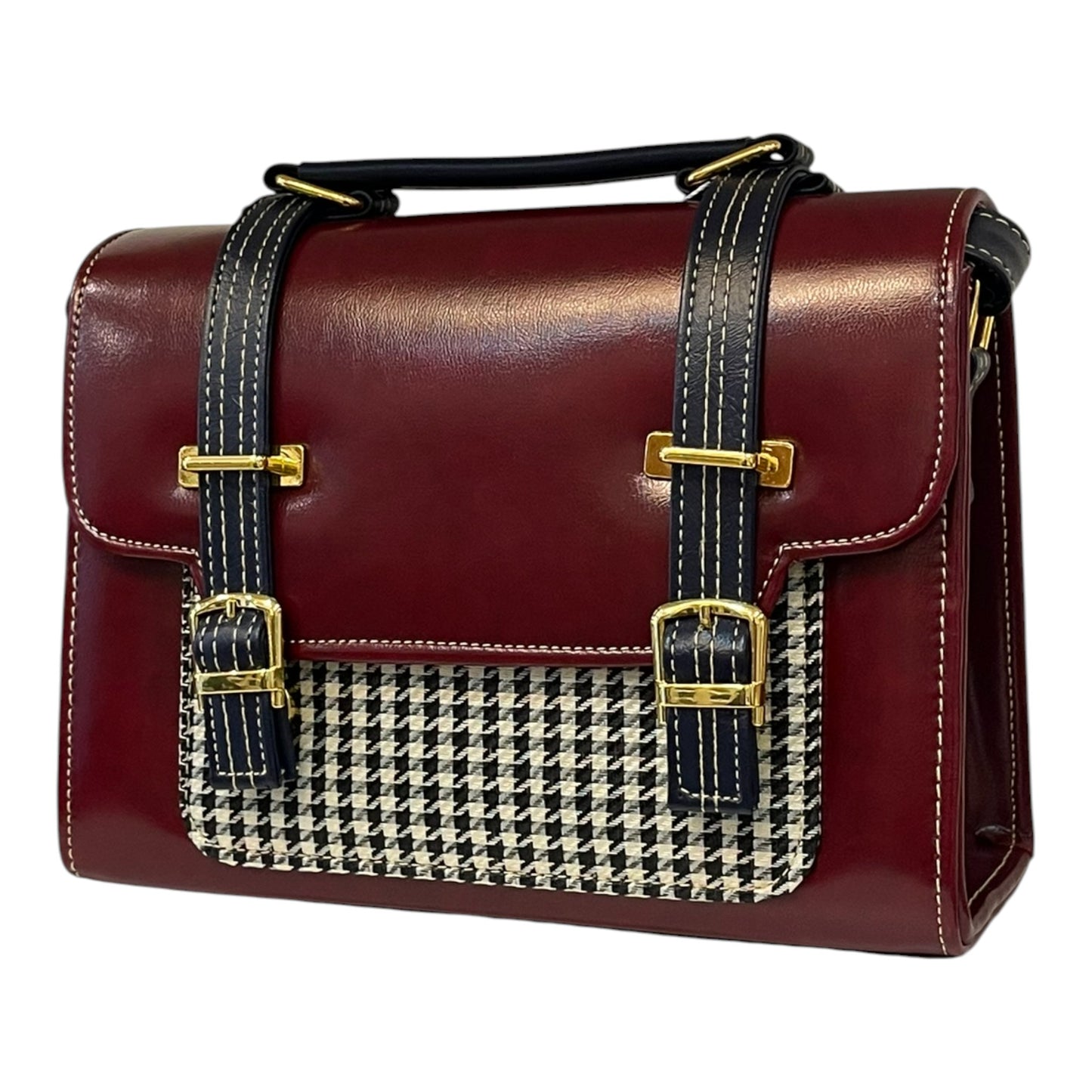Handmade French Vegan Leather Handbag – Burgundy & Houndstooth with Dual Buckle Straps (23×16×10 cm)