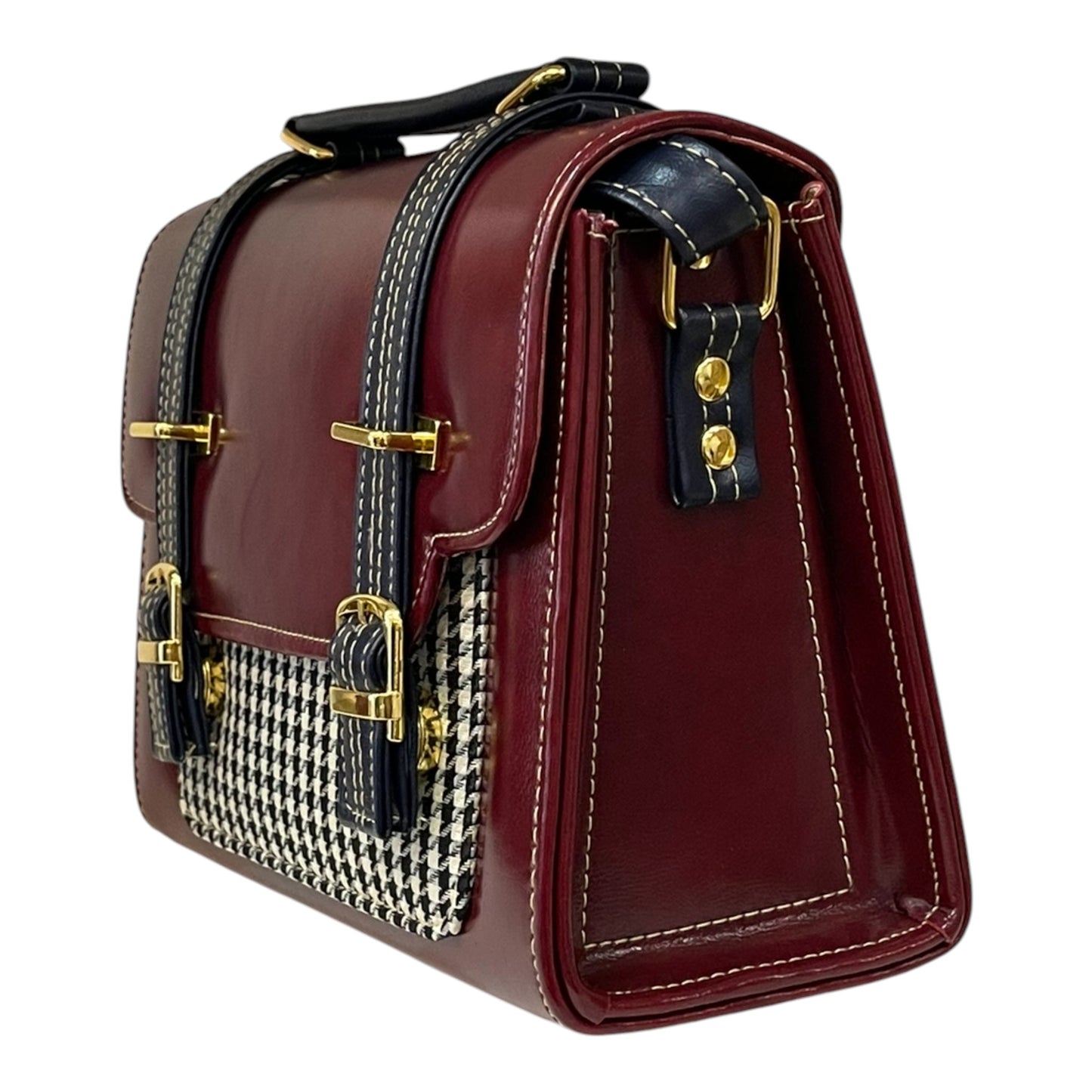Handmade French Vegan Leather Handbag – Burgundy & Houndstooth with Dual Buckle Straps (23×16×10 cm)