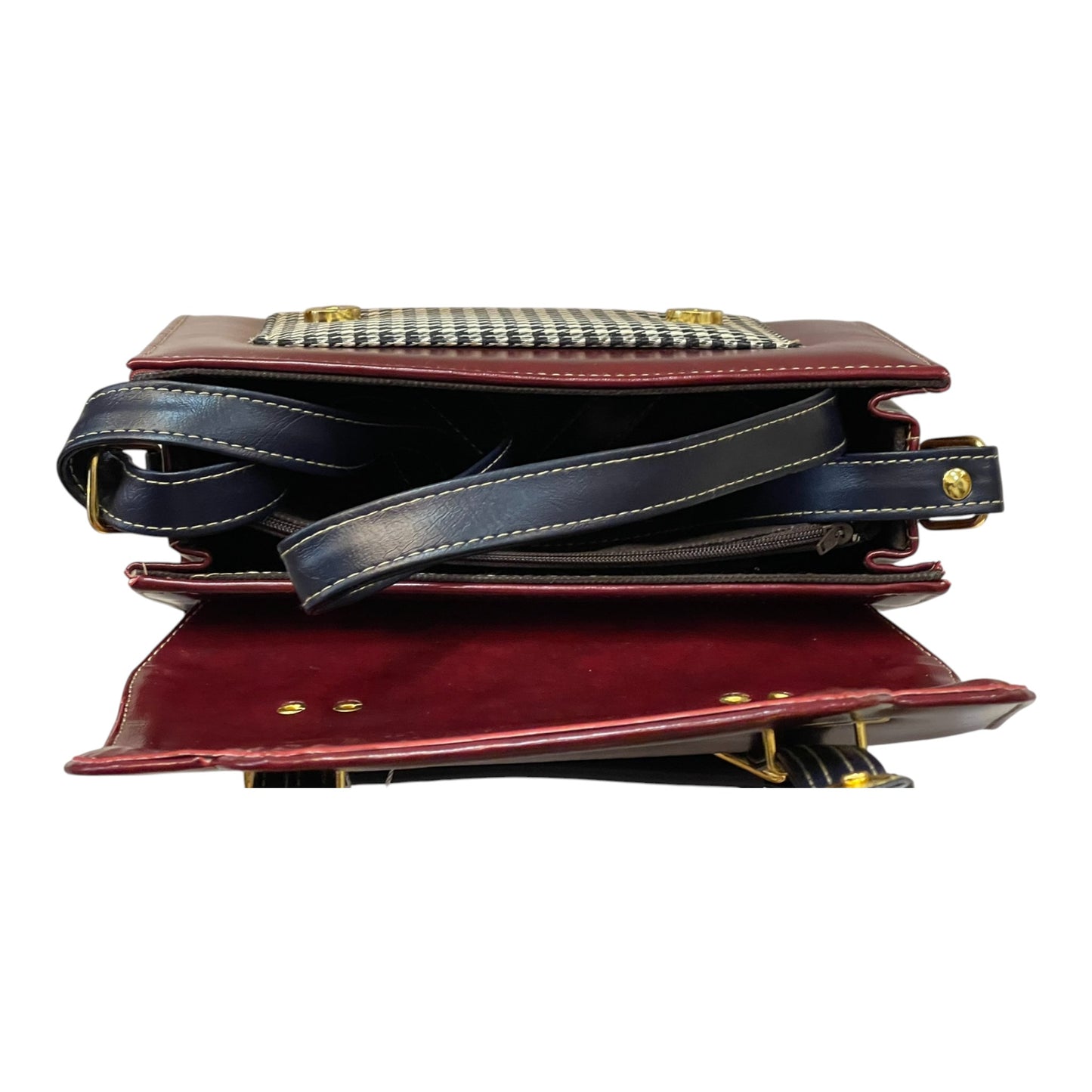 Handmade French Vegan Leather Handbag – Burgundy & Houndstooth with Dual Buckle Straps (23×16×10 cm)