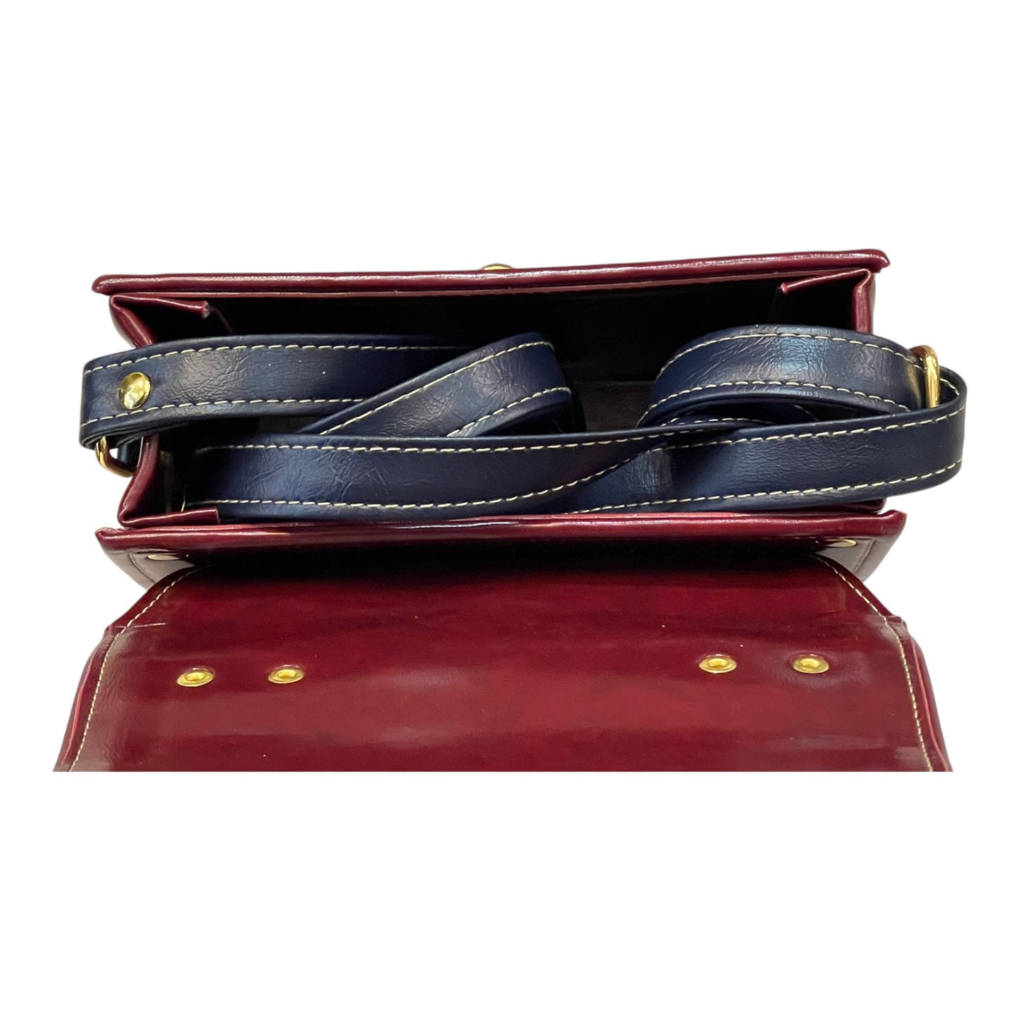 Handmade Vegan Leather Crossbody Bag – Burgundy & Navy with Gold Turn-Lock Detail (21x14x9 cm)