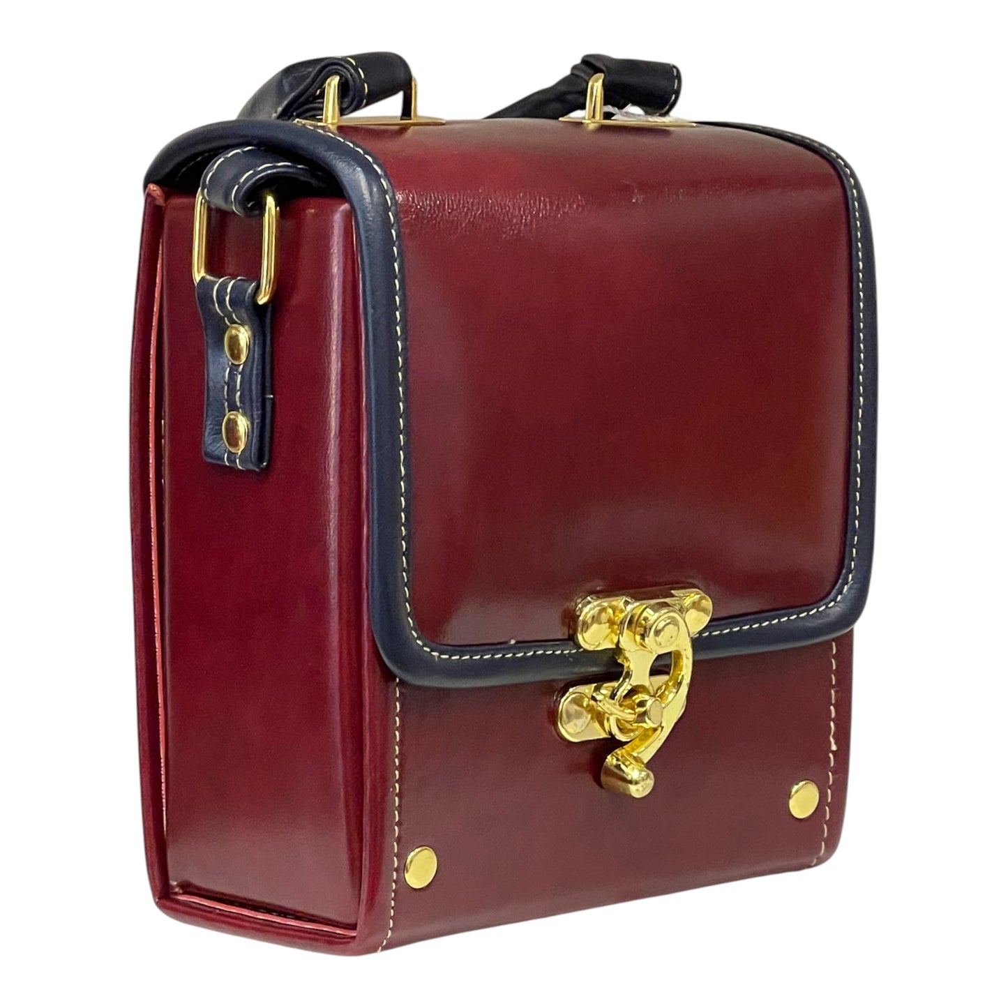 Handmade Vegan Leather Crossbody Bag – Burgundy & Navy with Gold Lock (16x14x8 cm)