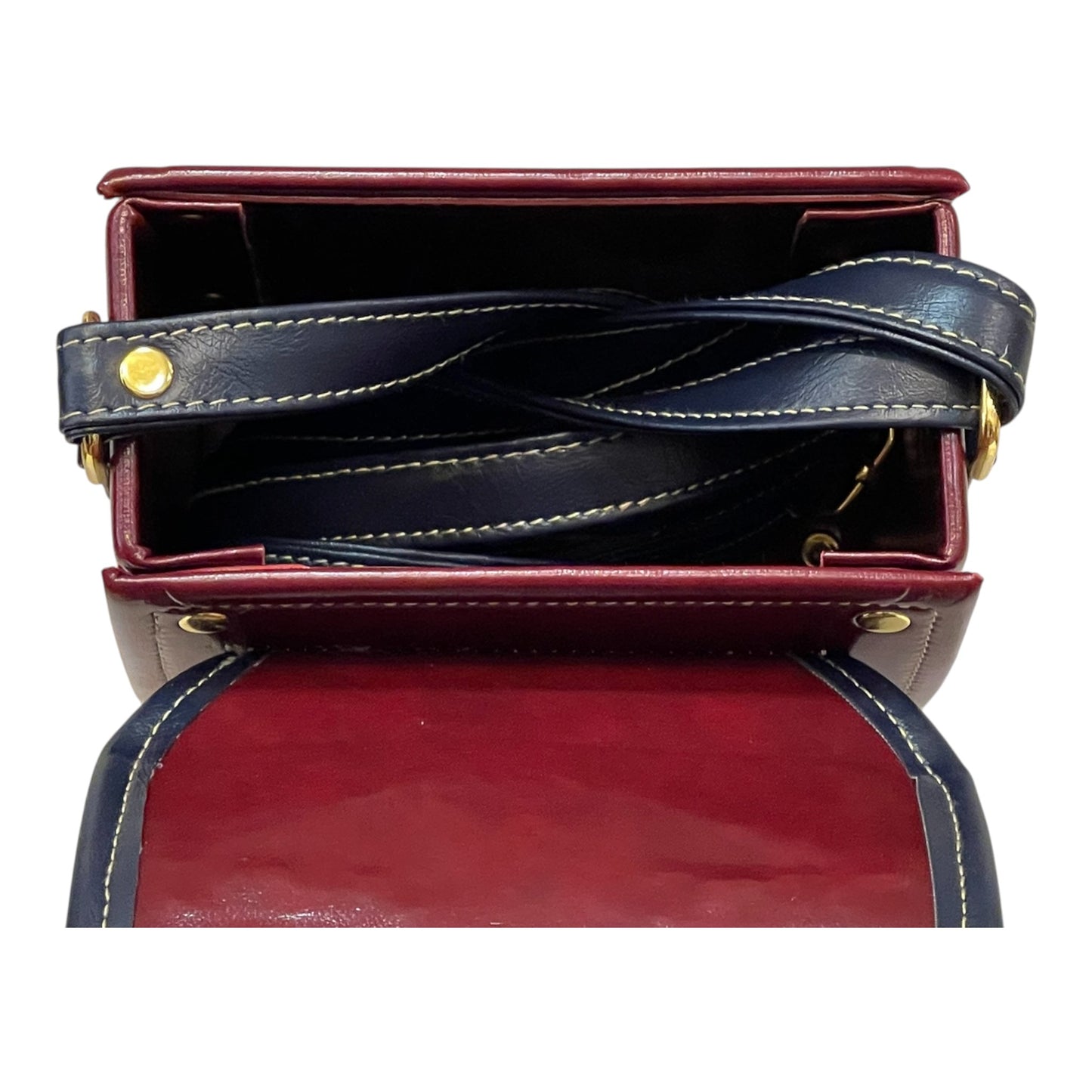 Handmade Vegan Leather Crossbody Bag – Burgundy & Navy with Gold Lock (16x14x8 cm)