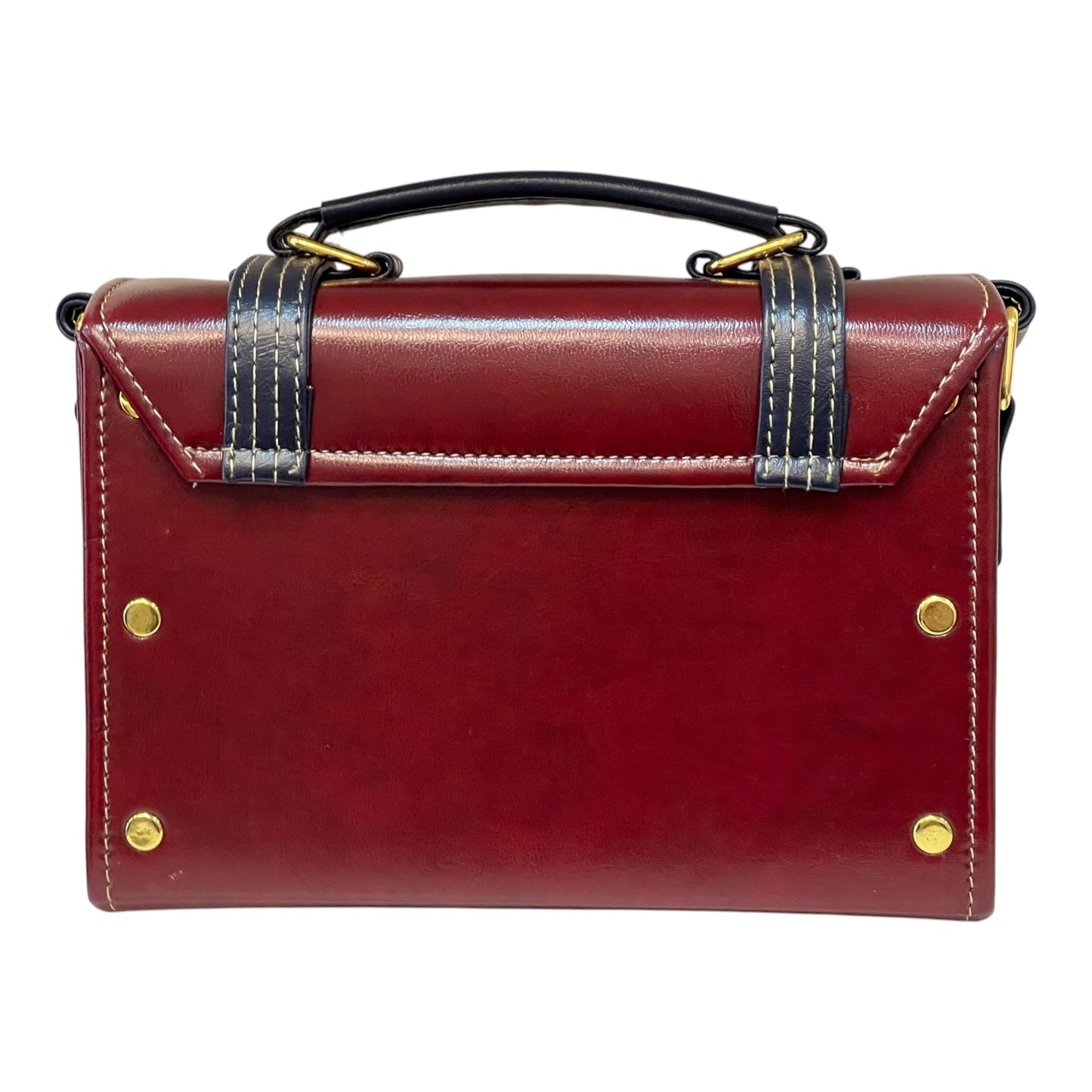 Handmade Vegan Leather Satchel Bag – Burgundy Red & Navy Straps with Gold Hardware | 21x14x9 cm