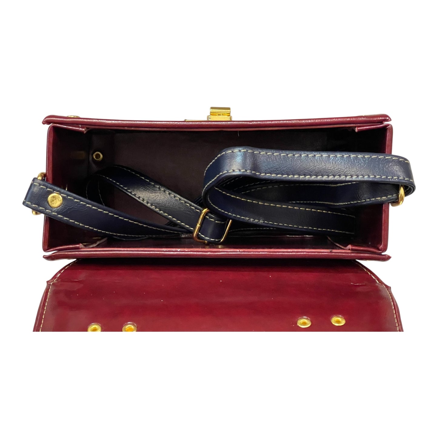 Handmade Vegan Leather Satchel Bag – Burgundy Red & Navy Straps with Gold Hardware | 21x14x9 cm