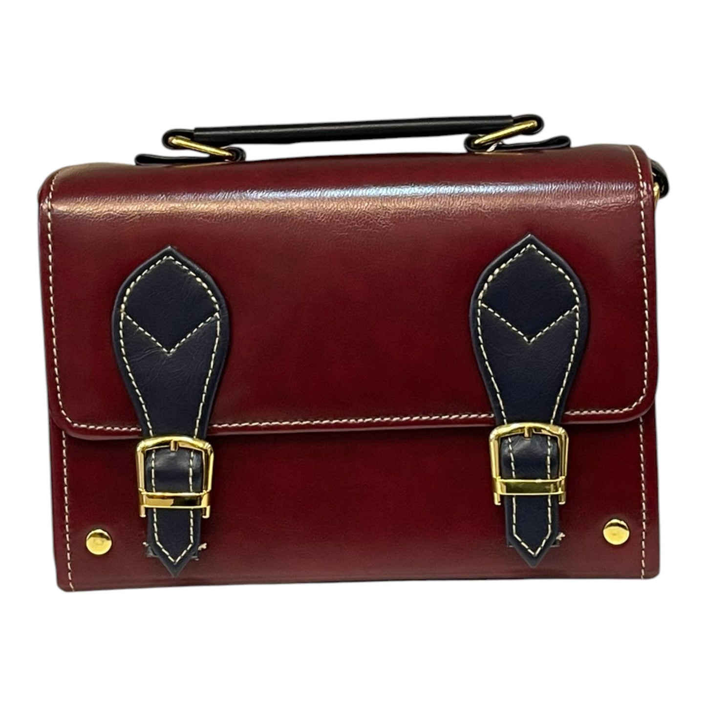 Handmade Vegan Leather Crossbody Bag – Burgundy & Navy with Gold Buckle Accents (21x14x9 cm)