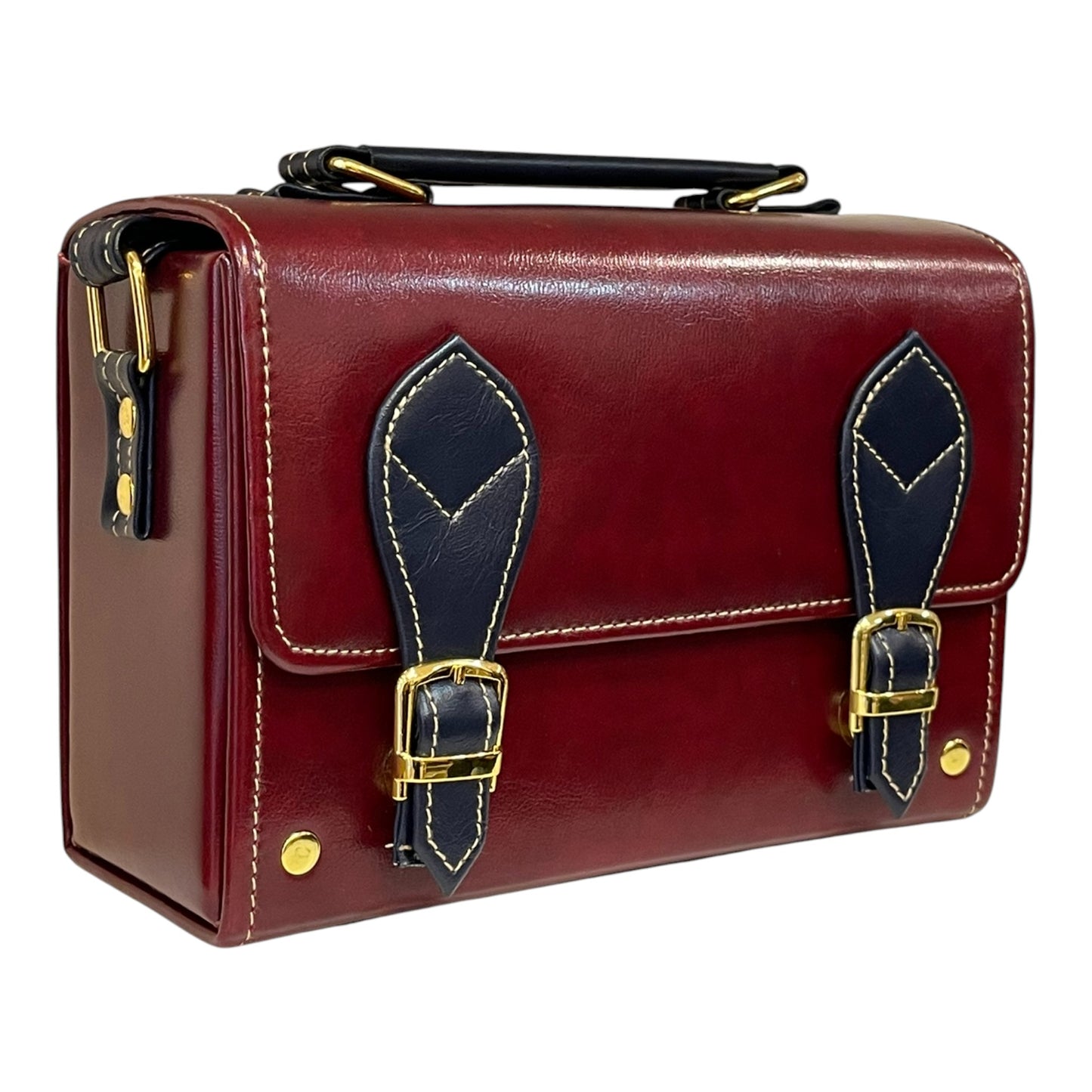 Handmade Vegan Leather Crossbody Bag – Burgundy & Navy with Gold Buckle Accents (21x14x9 cm)