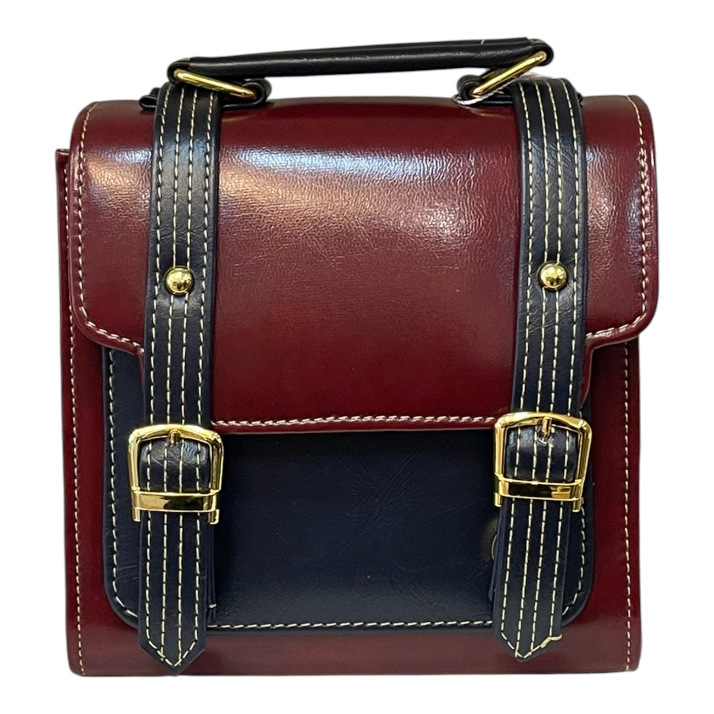 Handmade French Vegan Leather Handbag – Burgundy & Midnight Blue with Gold Buckles (16×16×9 cm)