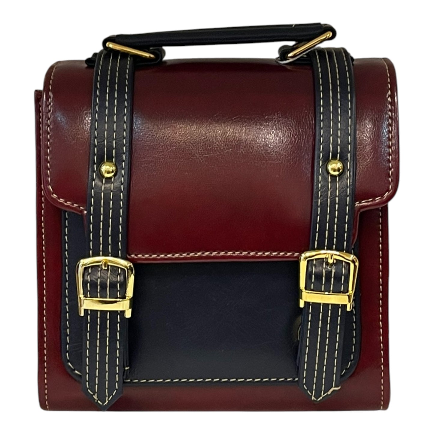 Handmade French Vegan Leather Handbag – Burgundy & Midnight Blue with Gold Buckles (16×16×9 cm)