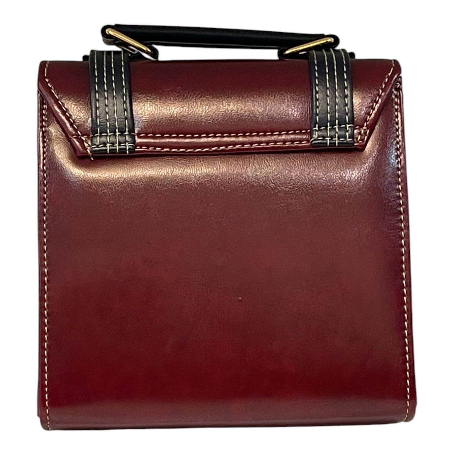 Handmade French Vegan Leather Handbag – Burgundy & Midnight Blue with Gold Buckles (16×16×9 cm)