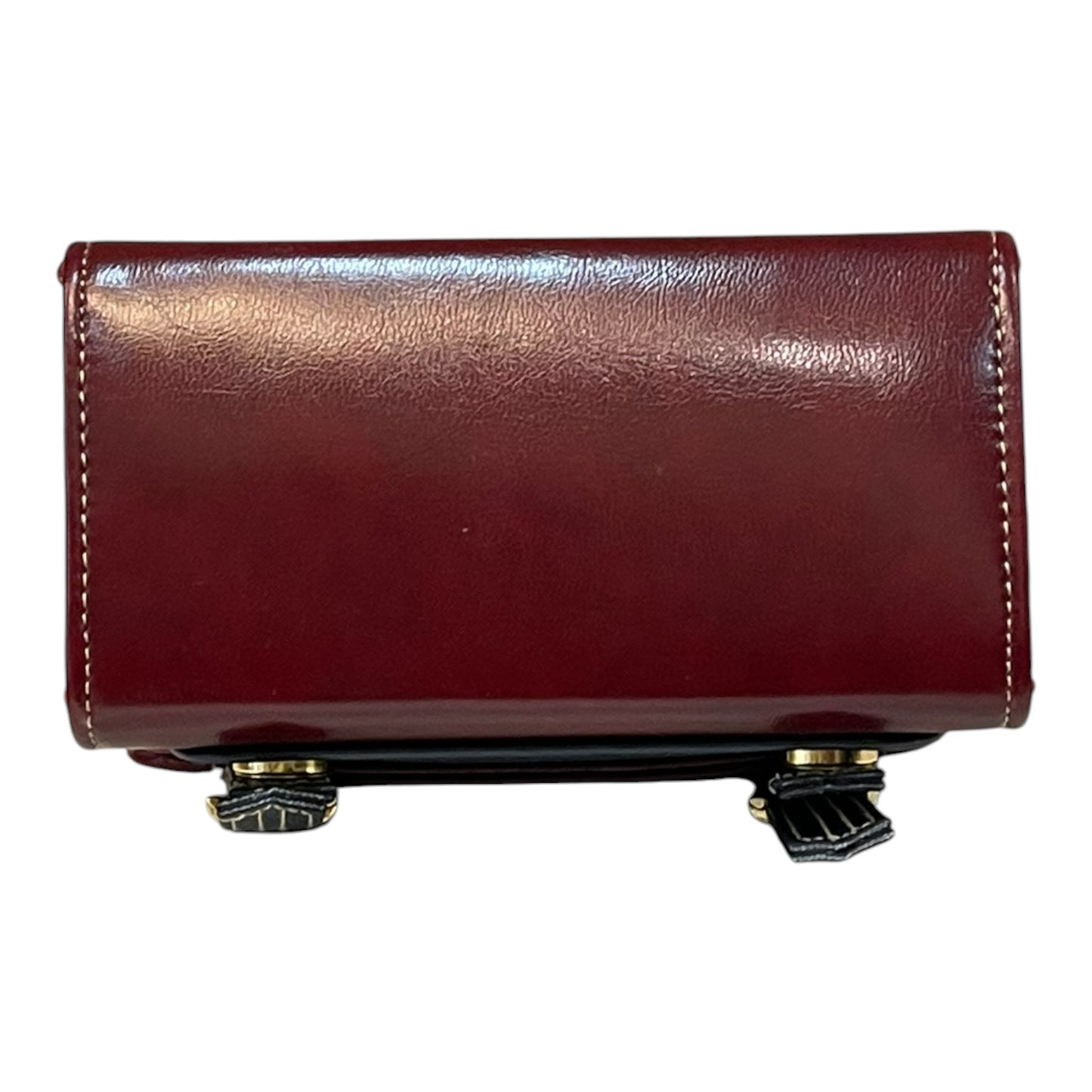 Handmade French Vegan Leather Handbag – Burgundy & Midnight Blue with Gold Buckles (16×16×9 cm)