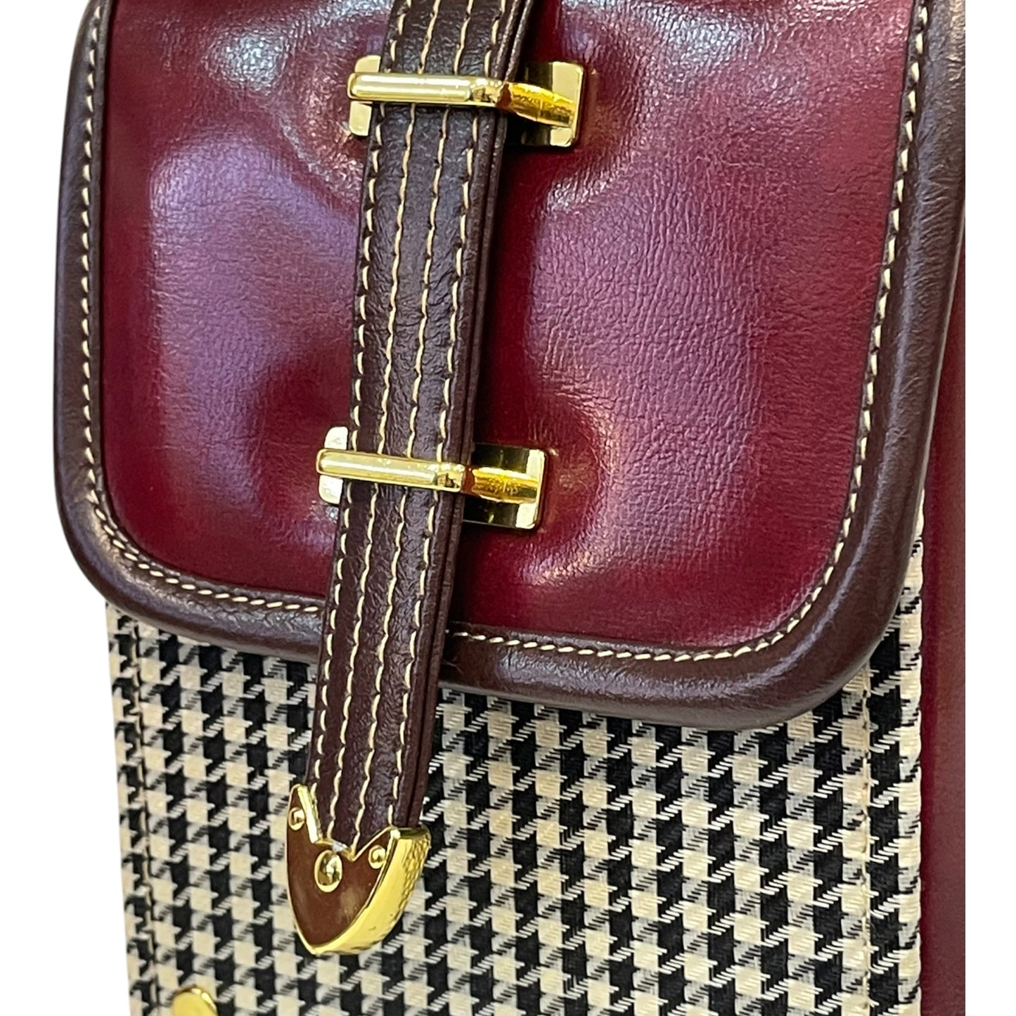 Handmade Vegan Leather & Houndstooth Crossbody Bag – Burgundy & Brown (16x13x9 cm)