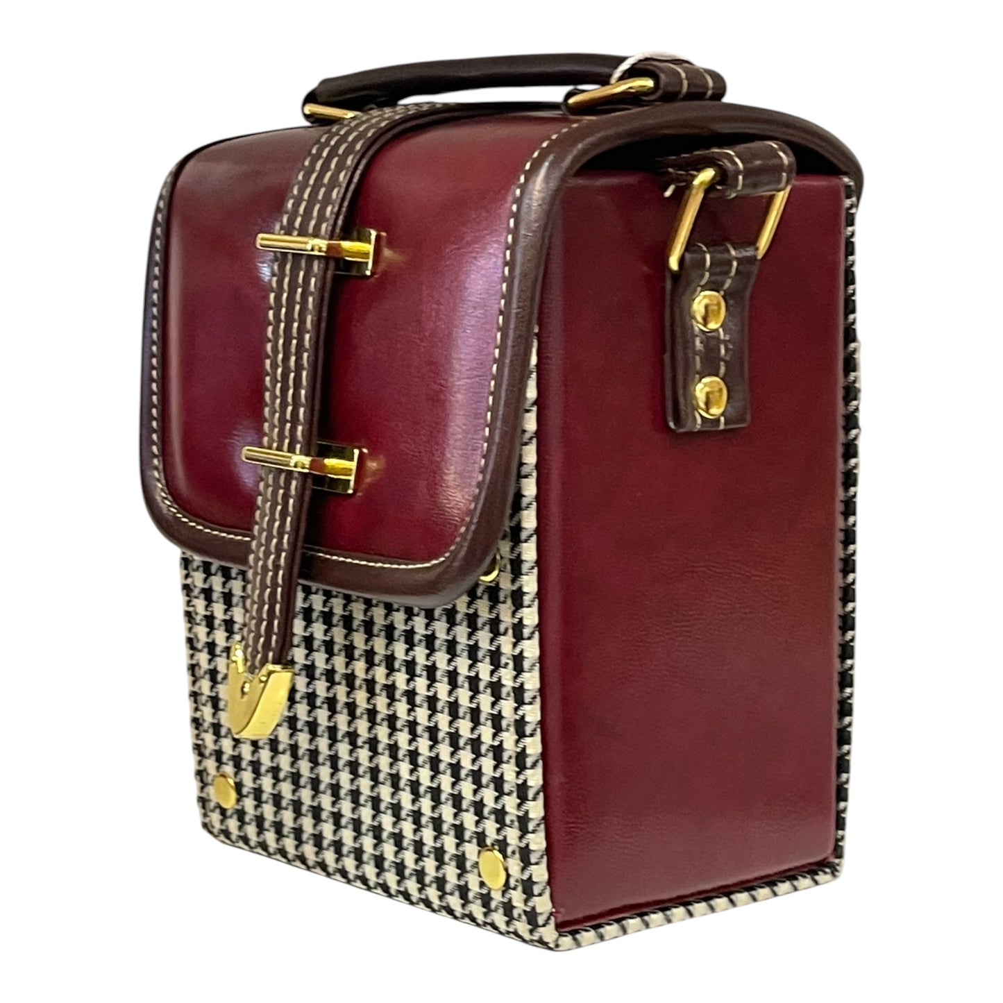 Handmade Vegan Leather & Houndstooth Crossbody Bag – Burgundy & Brown (16x13x9 cm)