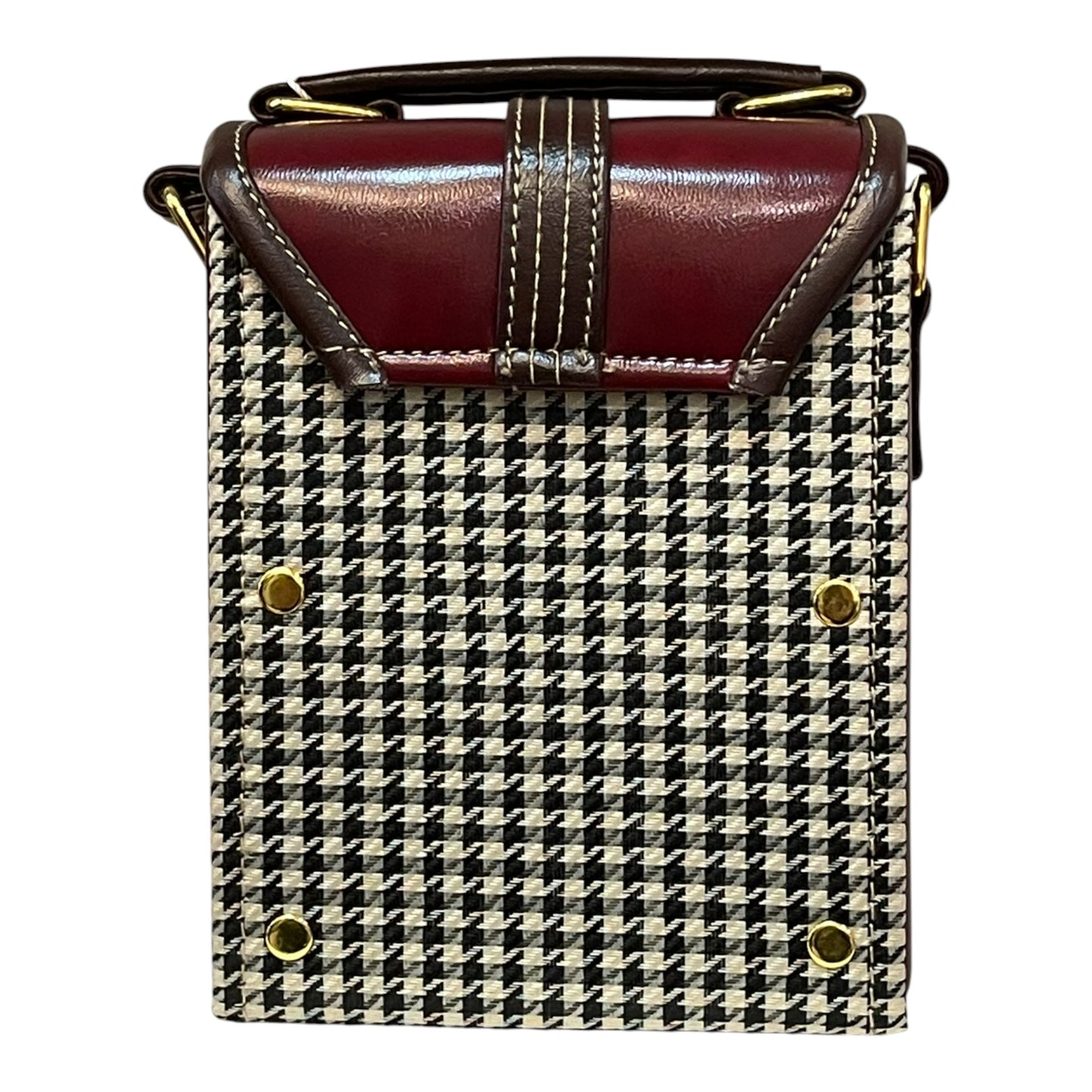 Handmade Vegan Leather & Houndstooth Crossbody Bag – Burgundy & Brown (16x13x9 cm)