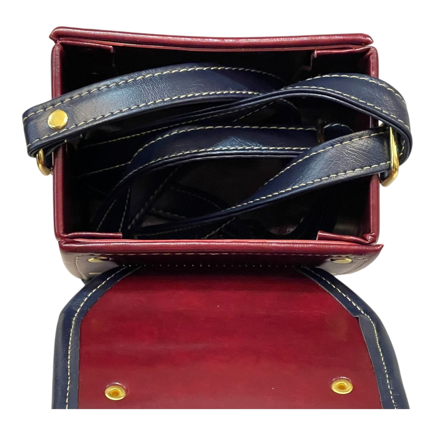 Handmade Vegan Leather Crossbody Bag – Burgundy & Navy with Gold Hardware (16x13x9 cm)