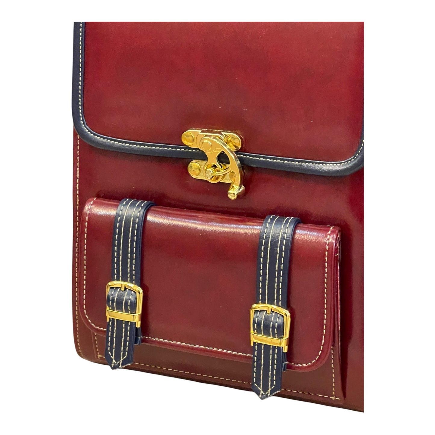 Handmade Vegan Leather Backpack – Burgundy & Navy with Gold Hardware (27x21x13 cm)