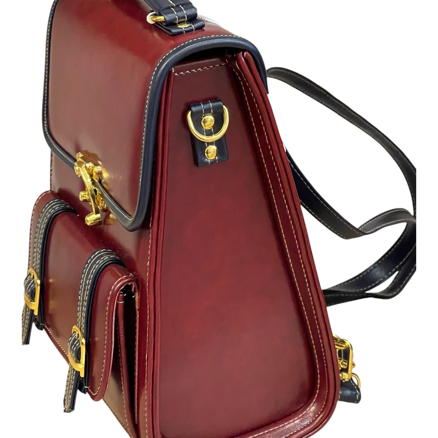 Handmade Vegan Leather Backpack – Burgundy & Navy with Gold Hardware (27x21x13 cm)