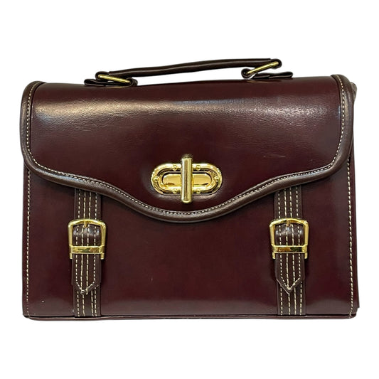 Handmade Vegan Leather Satchel Bag – Deep Brown with Gold Buckle (21x14x9 cm)