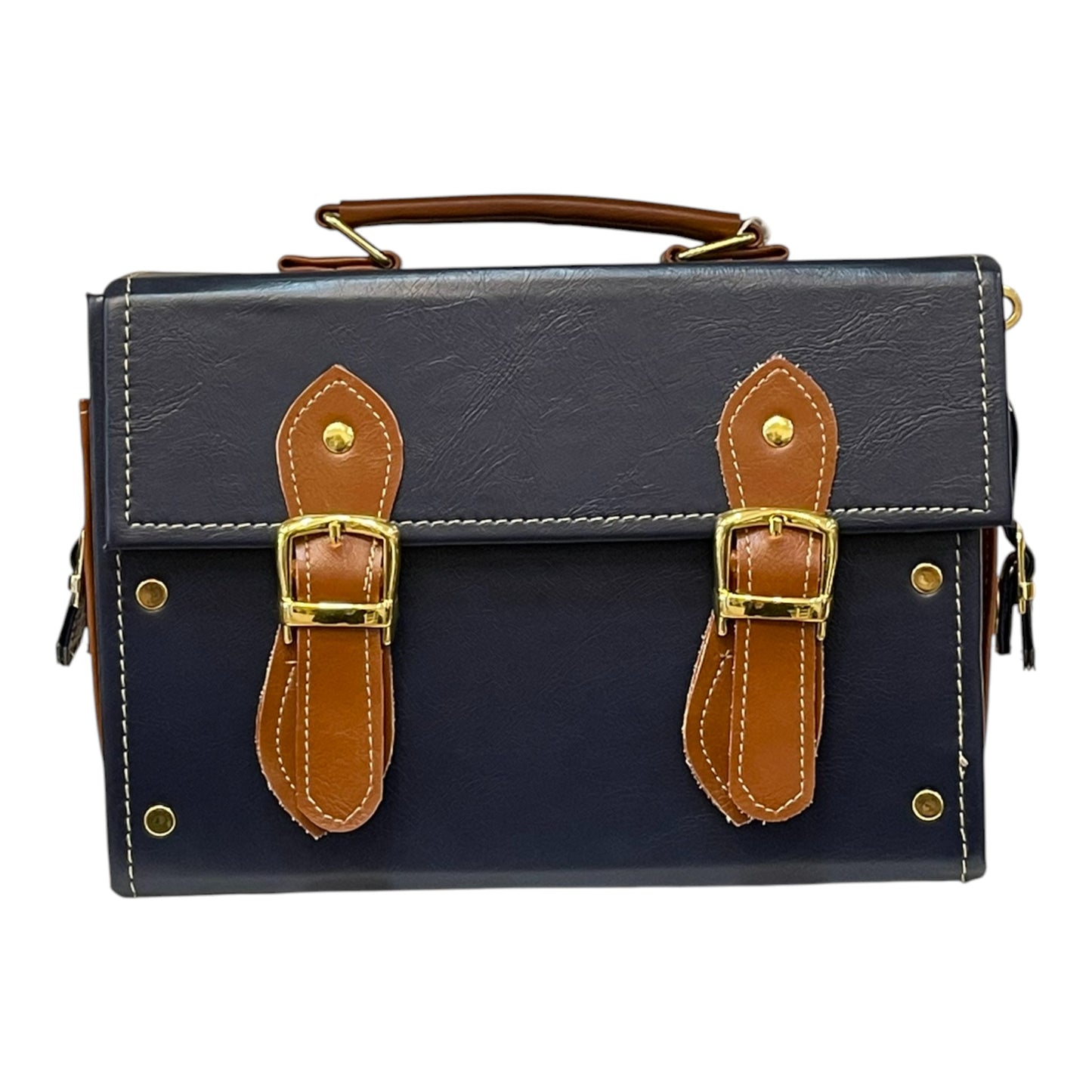 Handmade French Vegan Leather Handbag – Navy Blue & Caramel Brown Satchel (25×18×11 cm)