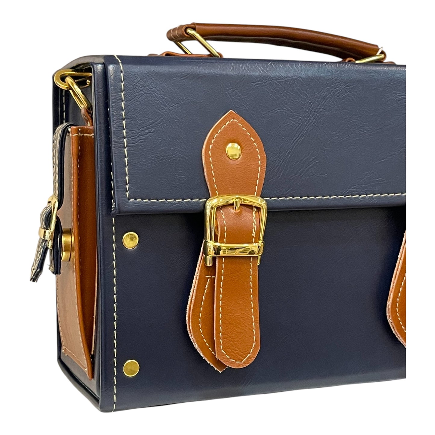 Handmade French Vegan Leather Handbag – Navy Blue & Caramel Brown Satchel (25×18×11 cm)