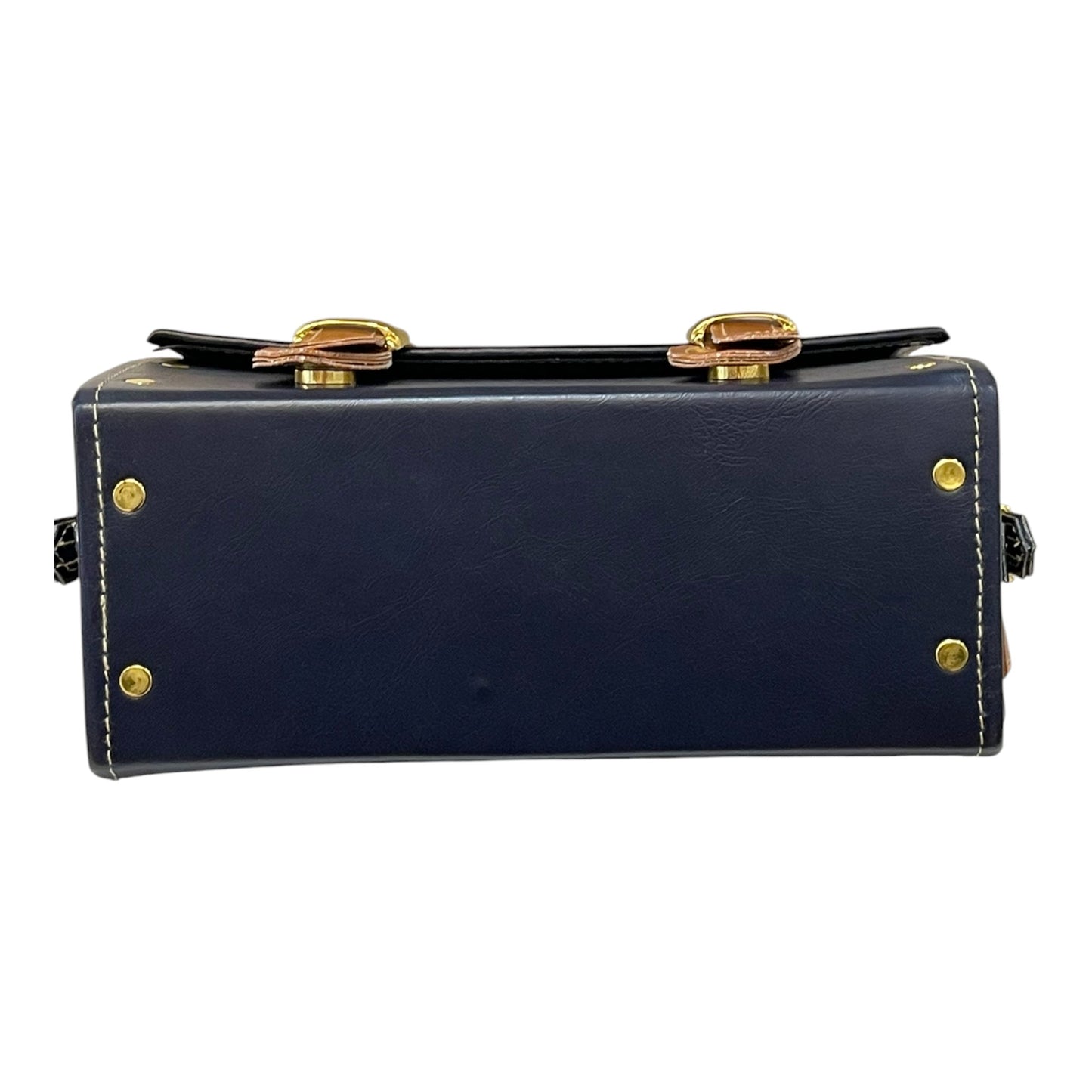 Handmade French Vegan Leather Handbag – Navy Blue & Caramel Brown Satchel (25×18×11 cm)