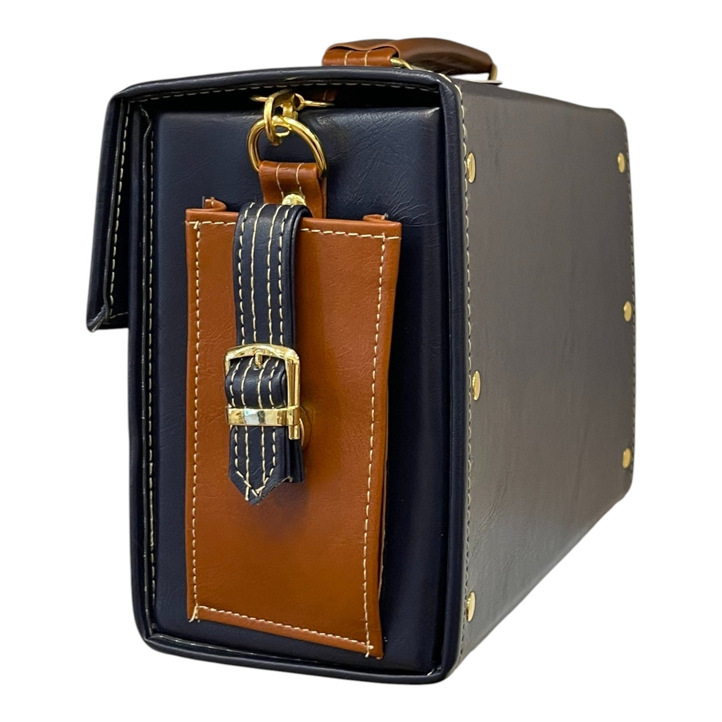 Handmade French Vegan Leather Handbag – Navy Blue & Caramel Brown Satchel (25×18×11 cm)