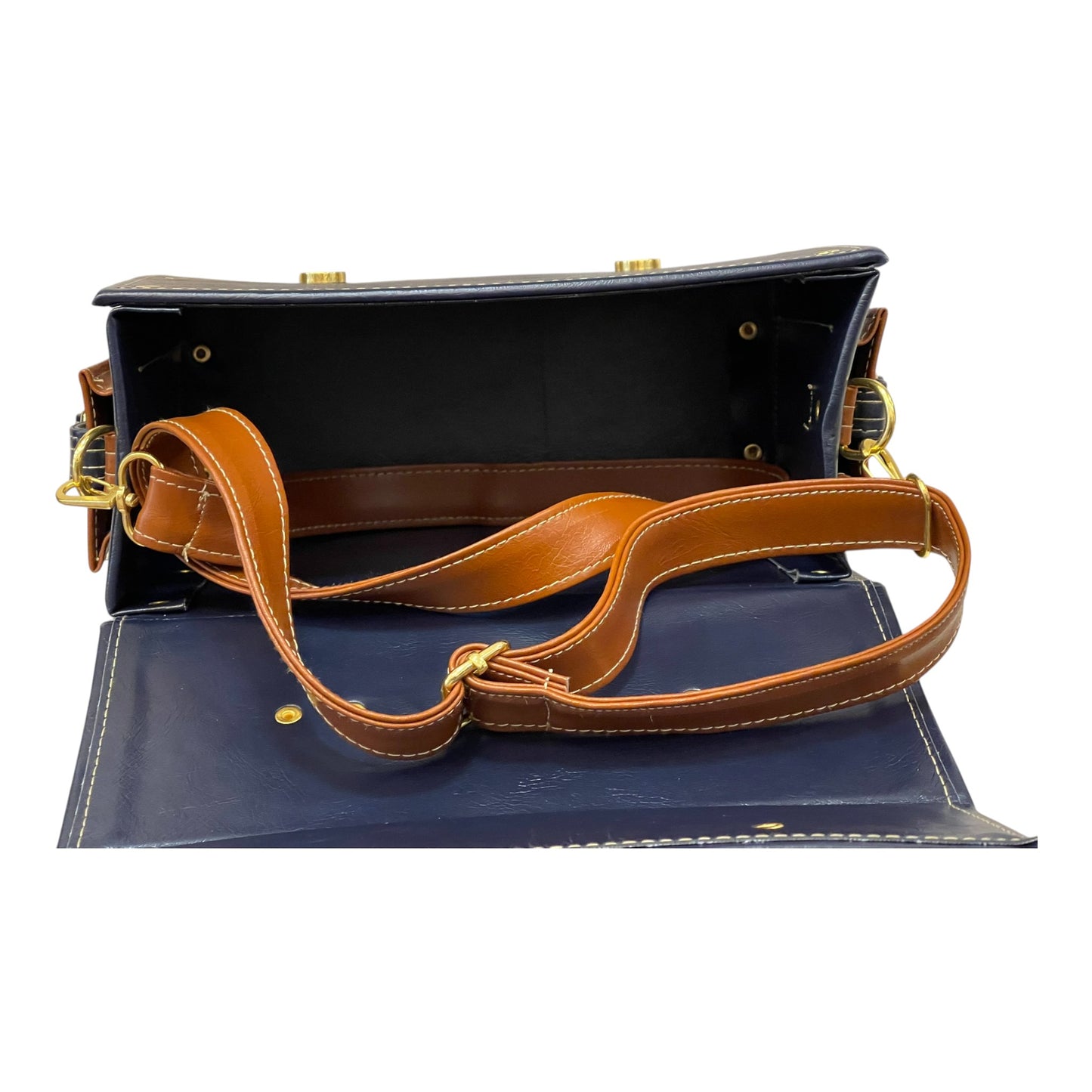 Handmade French Vegan Leather Handbag – Navy Blue & Caramel Brown Satchel (25×18×11 cm)