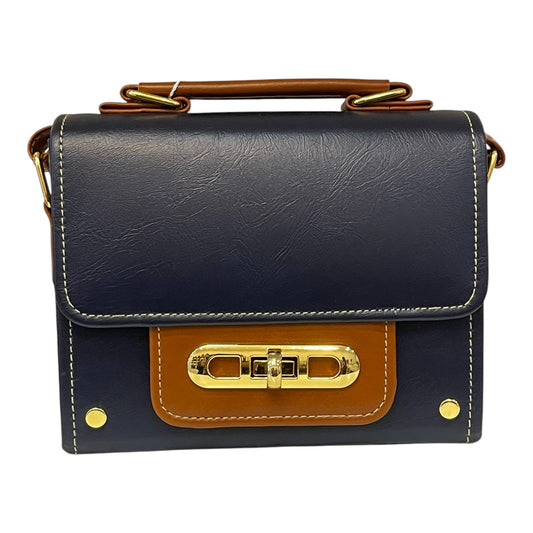 Handmade Vegan Leather Crossbody Bag – Navy Blue & Tan with Gold Twist Lock (21x14x9 cm)