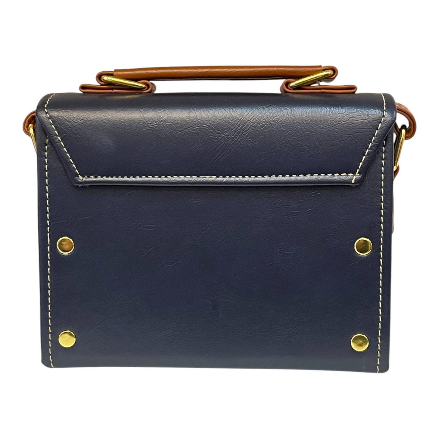 Handmade Vegan Leather Crossbody Bag – Navy Blue & Tan with Gold Twist Lock (21x14x9 cm)