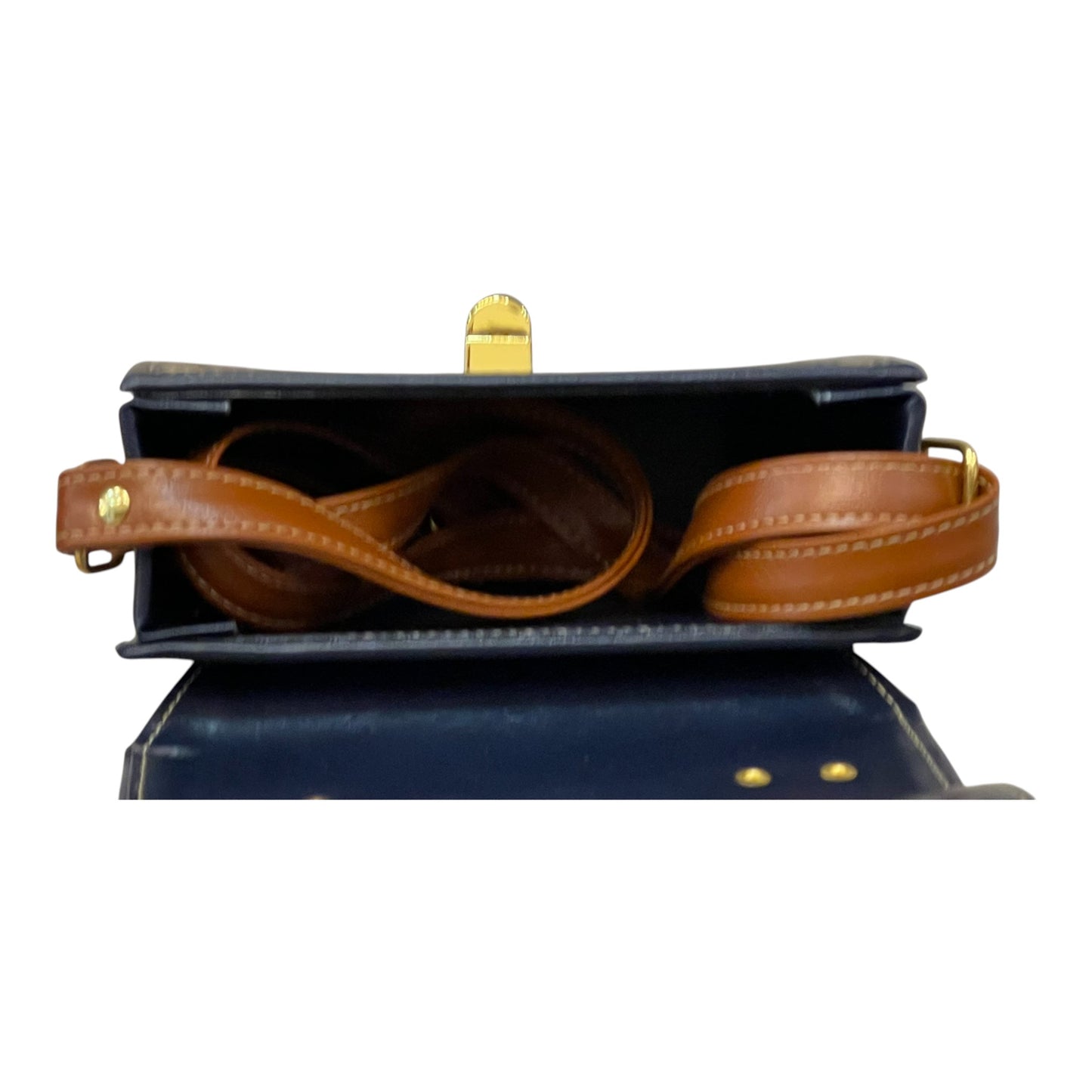 Handmade Vegan Leather Crossbody Bag – Navy Blue & Tan with Gold Twist Lock (21x14x9 cm)