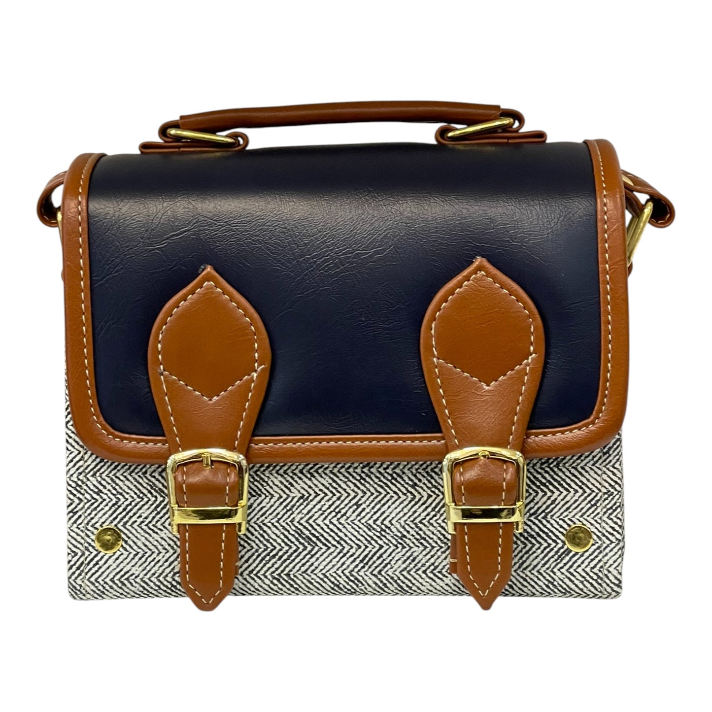 Handmade Vegan Leather Satchel – Navy & Tan with Herringbone Fabric | Elegant Crossbody Bag 21x14x9 cm