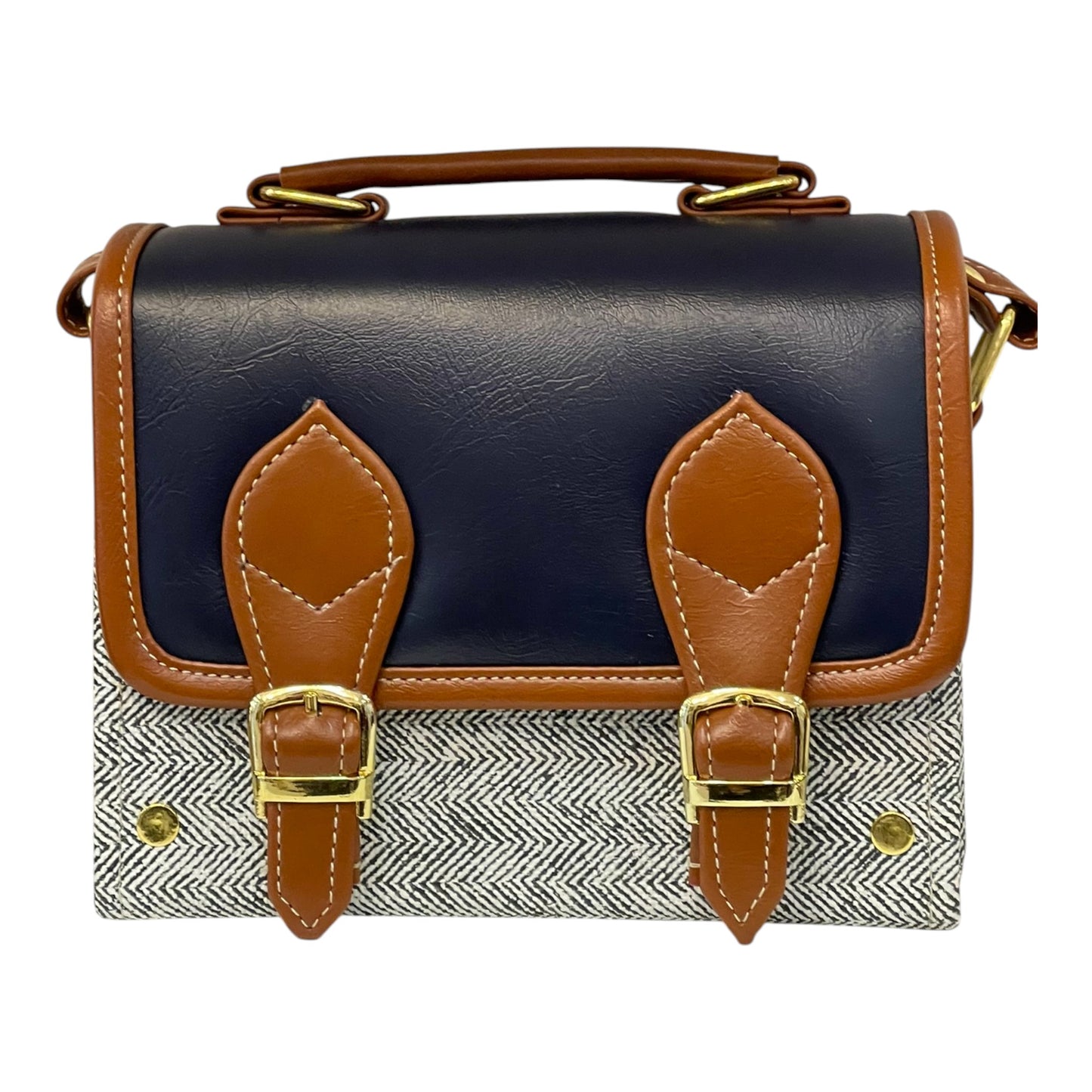 Handmade Vegan Leather Satchel – Navy & Tan with Herringbone Fabric | Elegant Crossbody Bag 21x14x9 cm